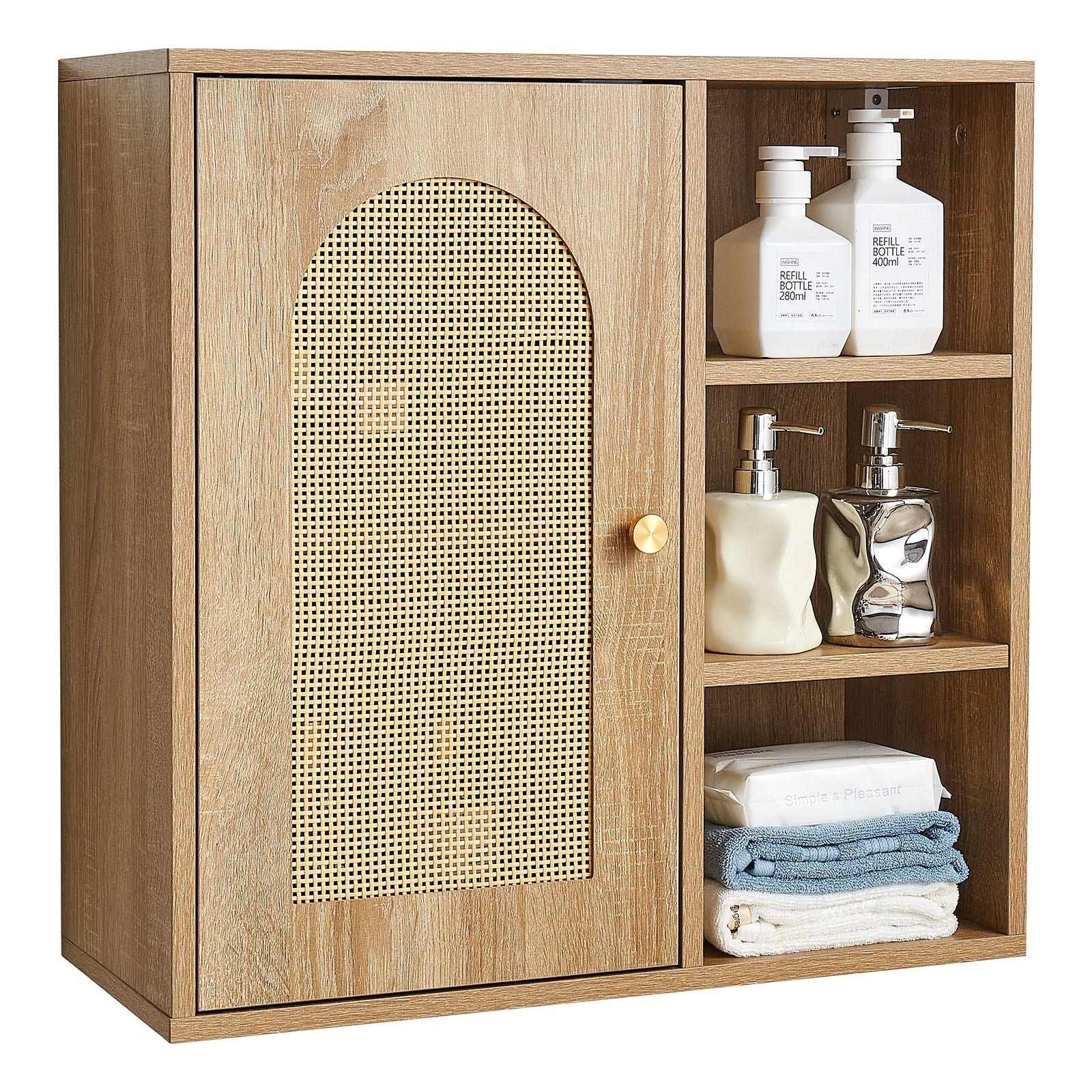 Natural Wood Grain Wall Cabinet With Arched Faux Rattan Door 23H