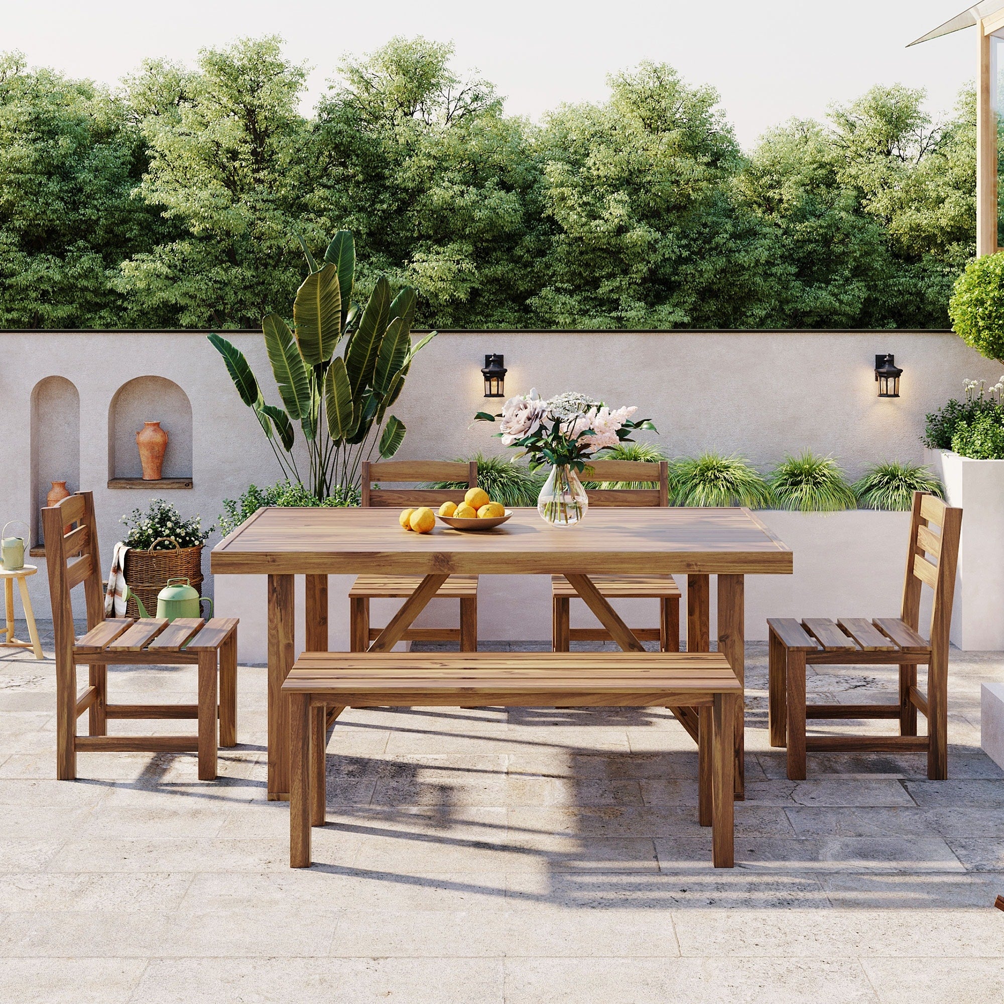 Natural Wood Patio Dining Set Outdoor Dining Table Chair Set With Bench And Rectangular Dining Table