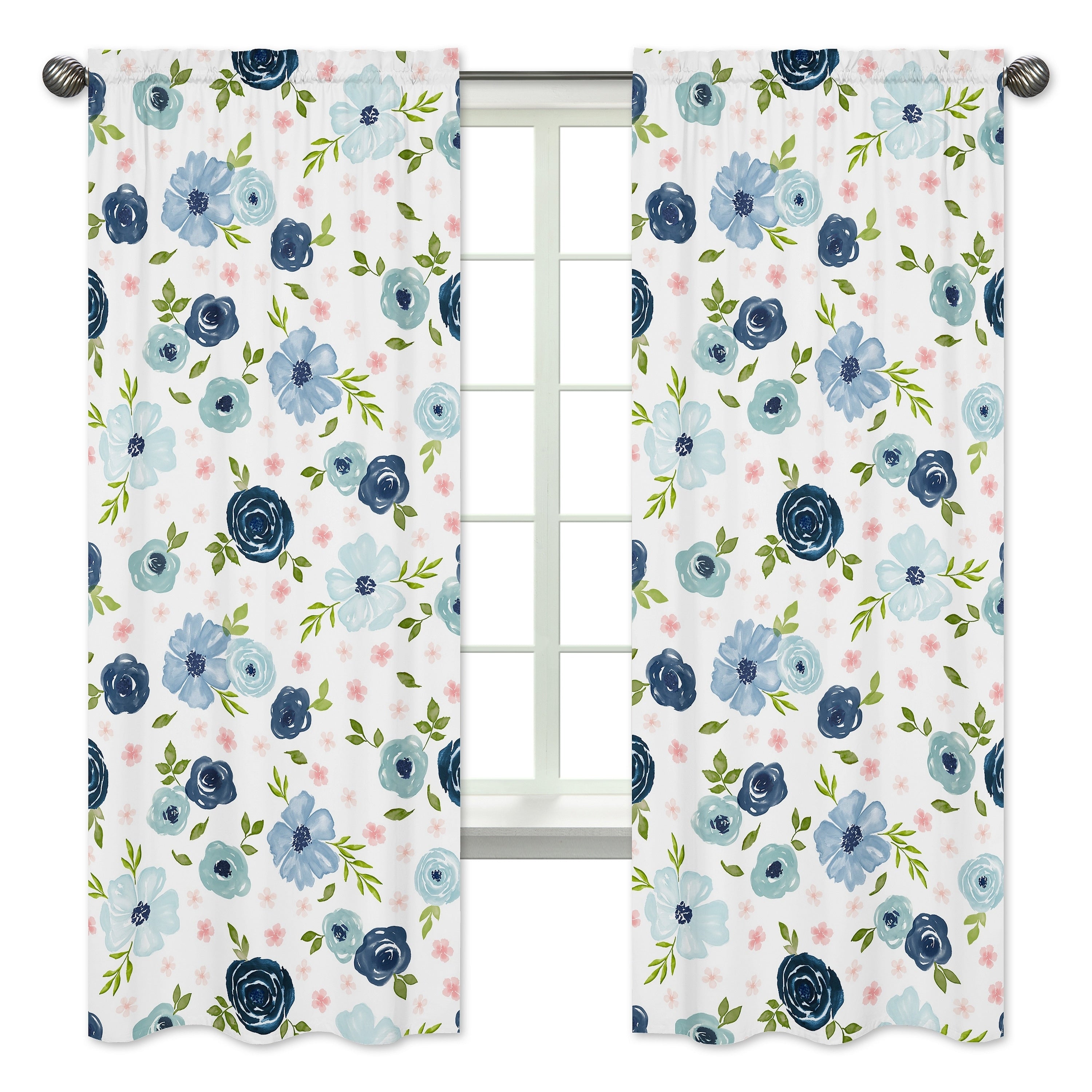 Navy Blue Pink Watercolor Floral 84In Window Treatment Curtain Panel Pair Blush Green Shabby Chic Flower