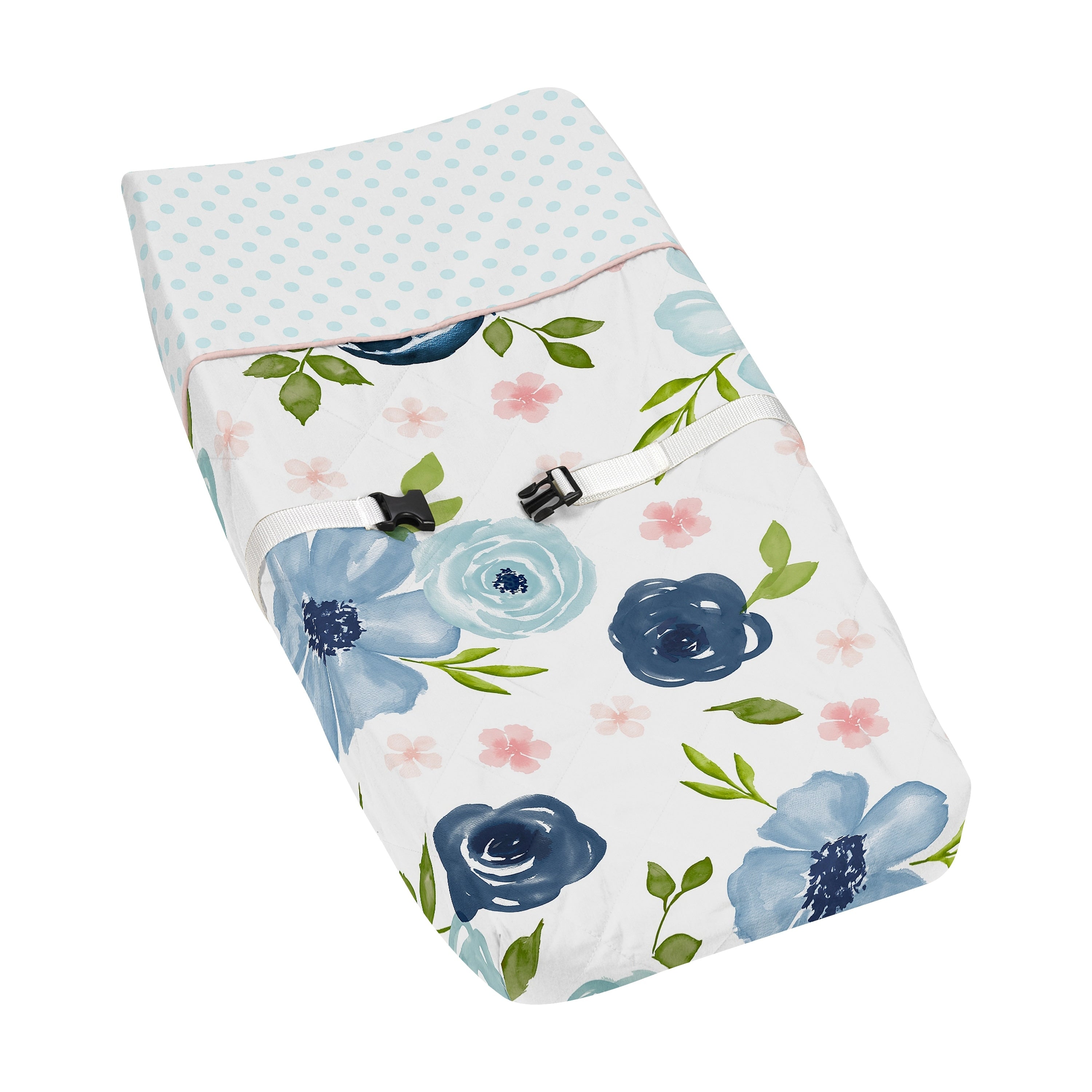 Navy Blue Pink Watercolor Floral Girl Changing Pad Cover Blush Green White Shabby Chic Flower Polka Dot
