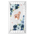 Navy Blue Pink Watercolor Floral Girl Photo Op Fitted Crib Sheet Blush Green White Shabby Chic Rose Flower