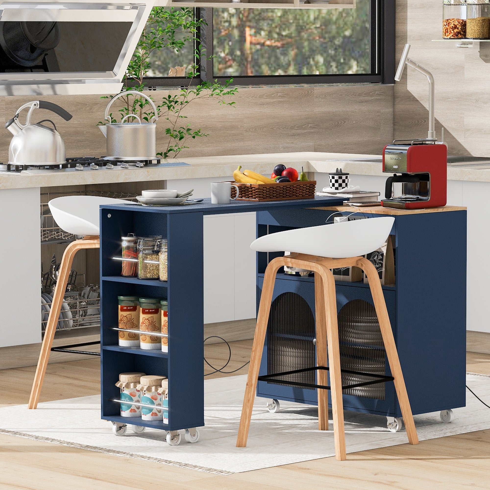 Navy Blue Rolling Kitchen Island With Extended Table Rustic Kitchen Cart With Power Outlets 3 Open Shelves