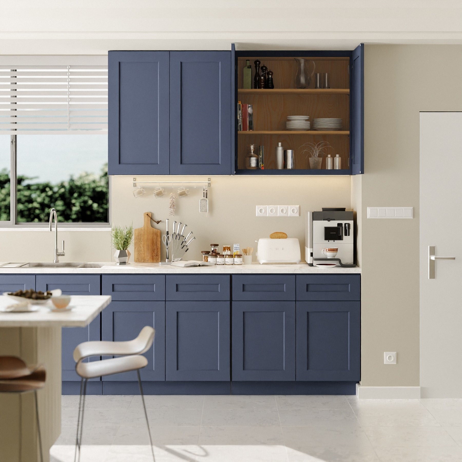 Navy Blue Shaker 36 Solid Wood Wall Cabinet Soft Close Hinges Adjustable Shelves Double Door For Kitchen