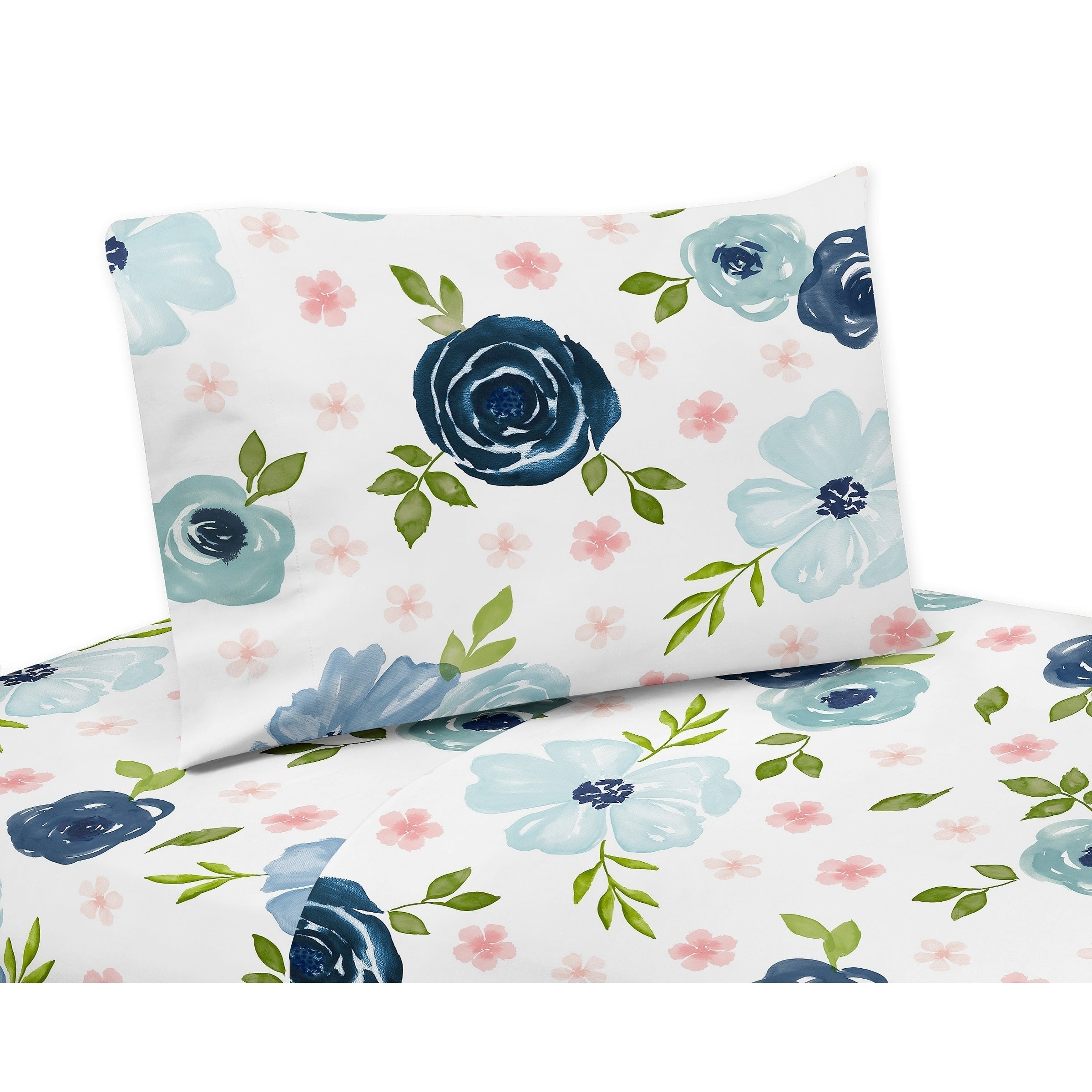 Navy Blue And Pink Watercolor Floral 3 Piece Twin Sheet Set Blush Green And White Shabby Chic Rose Flower