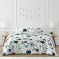 Navy Blue And Pink Watercolor Floral Girl 3Pc Full Queen Comforter Set Blush Green White Shabby Chic Flower