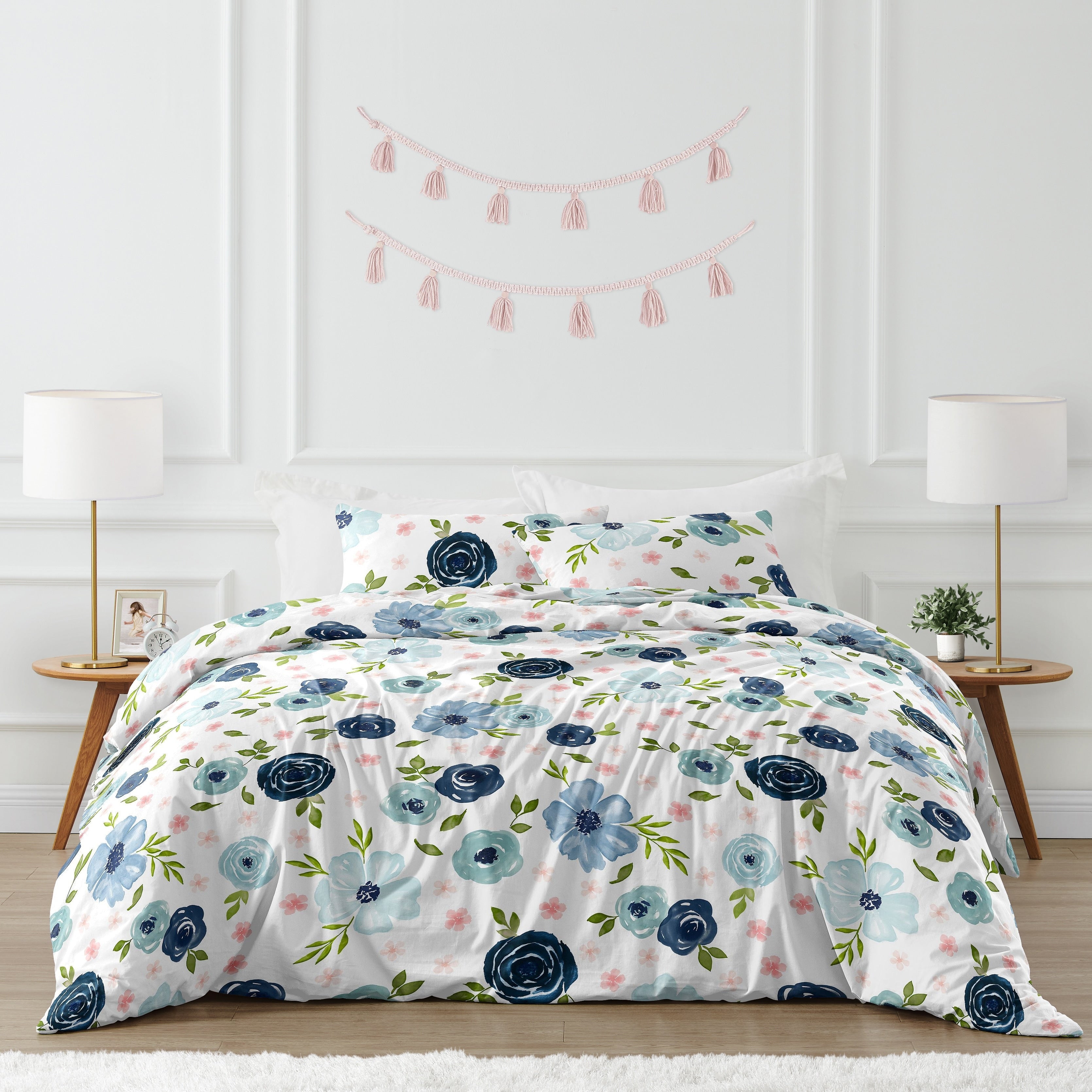 Navy Blue And Pink Watercolor Floral Girl 3Pc Full Queen Comforter Set Blush Green White Shabby Chic Flower