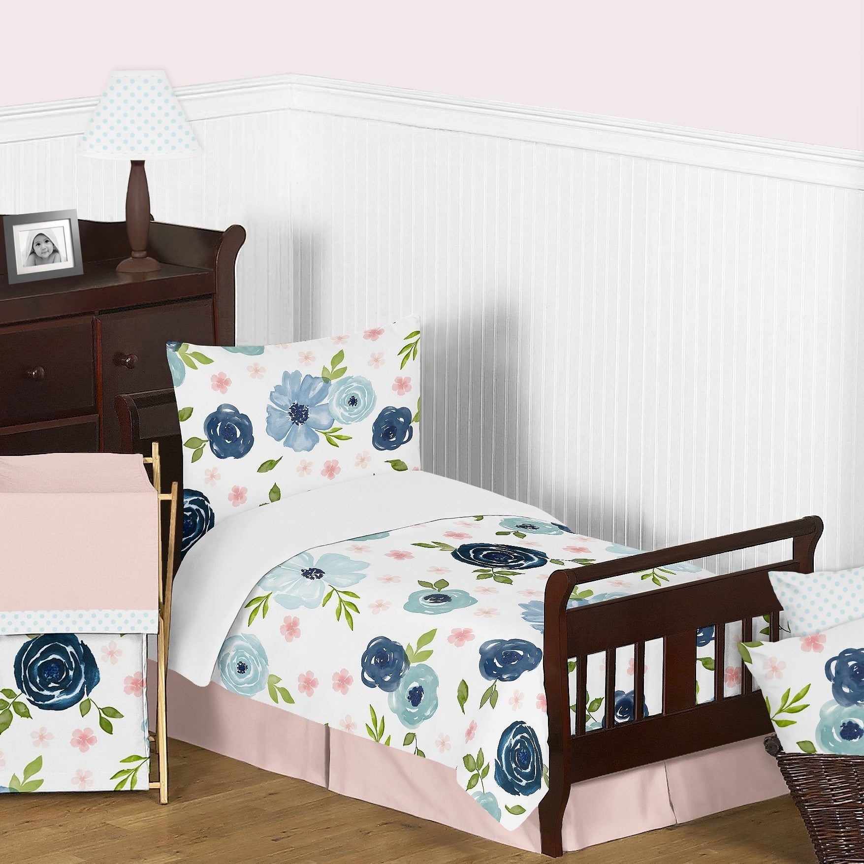 Navy Blue And Pink Watercolor Floral Girl 5Pc Toddler Comforter Set Blush Green White Shabby Chic Flower