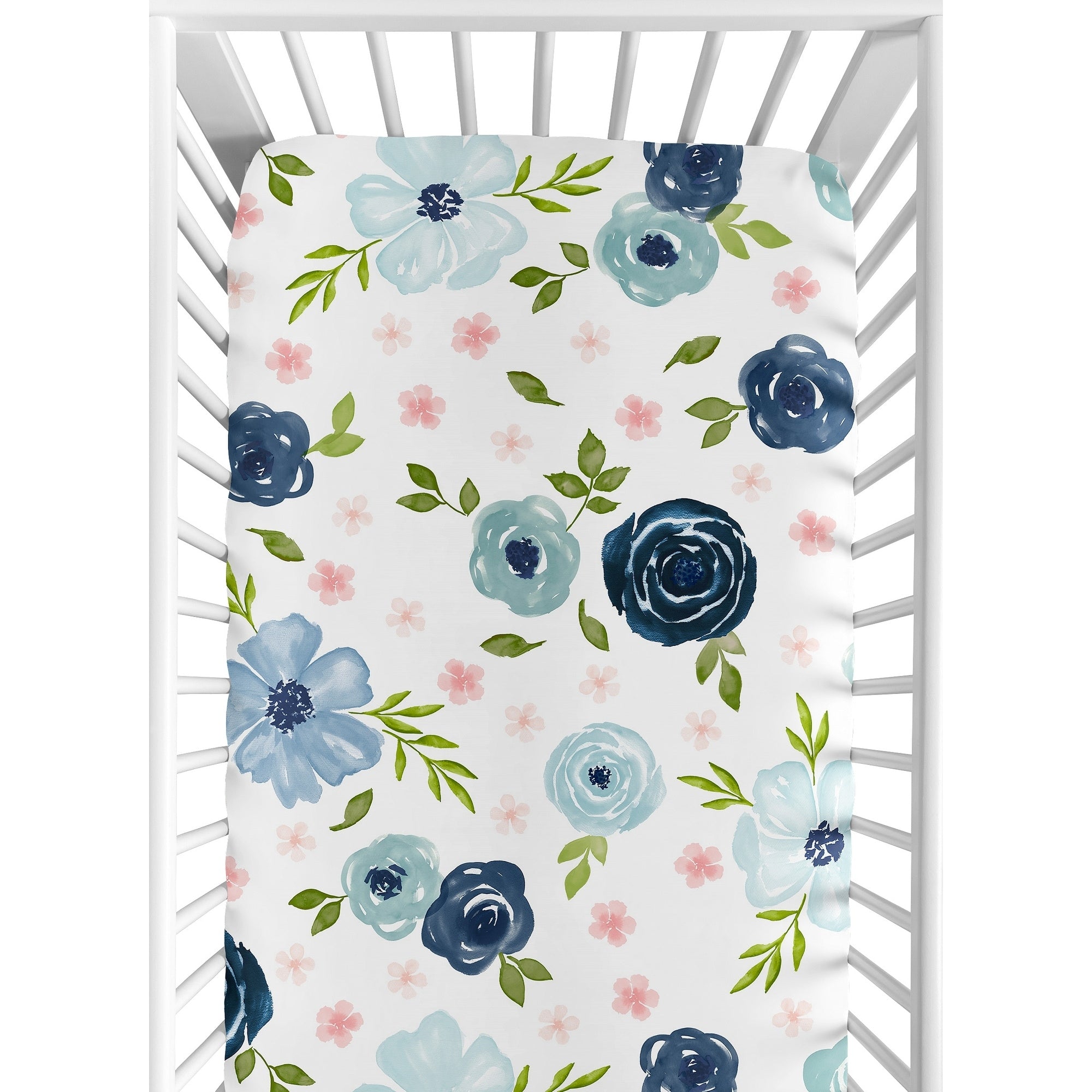 Navy Blue And Pink Watercolor Floral Girl Fitted Crib Sheet Blush Green And White Shabby Chic Rose Flower