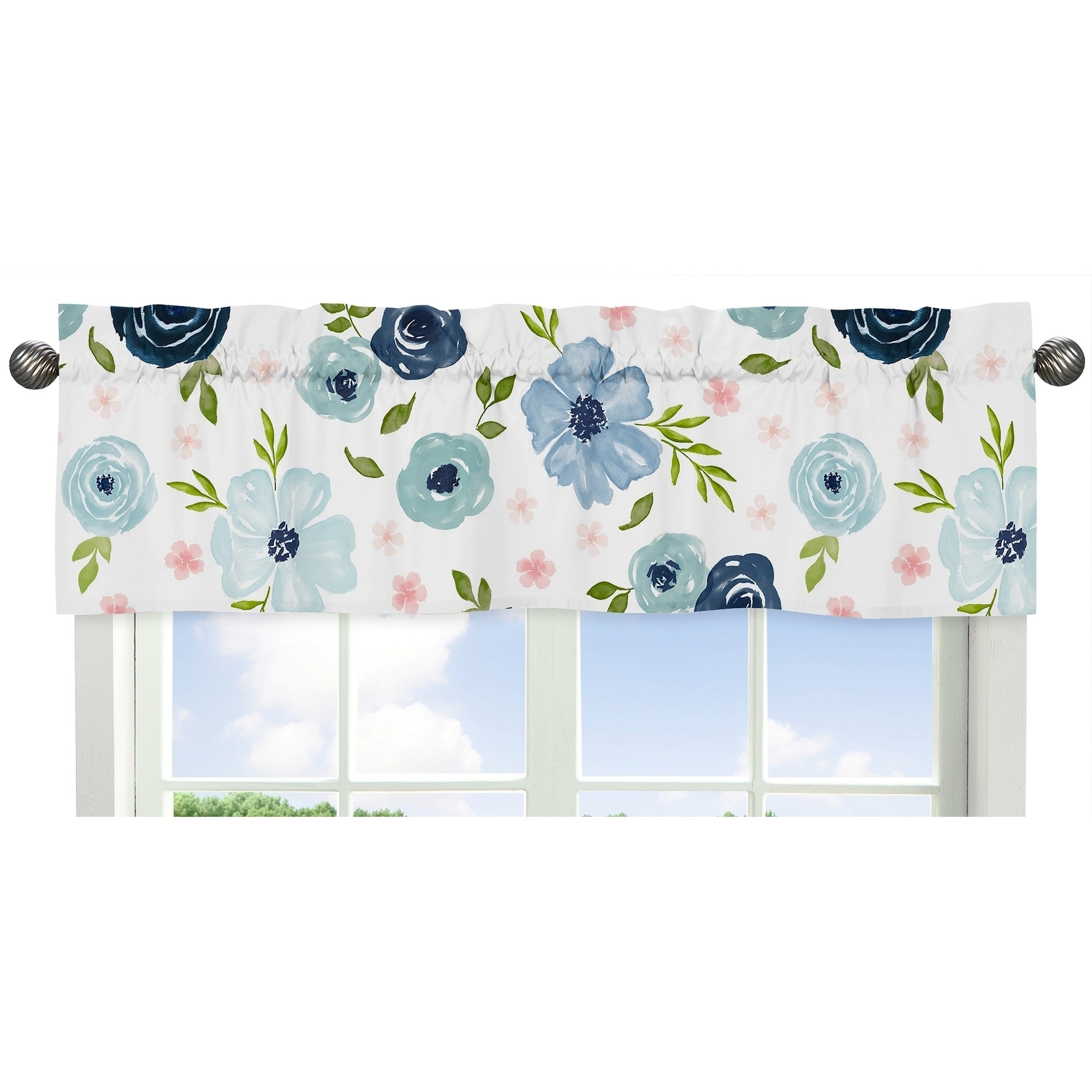 Navy Blue And Pink Watercolor Floral Window Curtain Valance Blush Green And White Shabby Chic Rose Flower