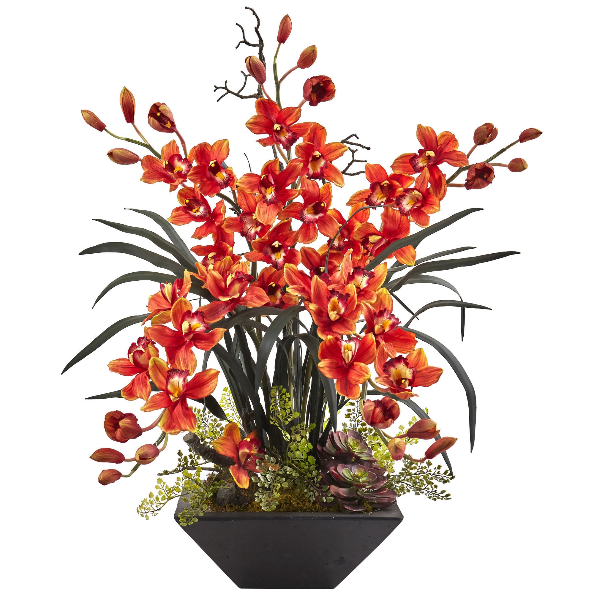 Nearly Natural Cymbidium Orchid With Black Vase Arrangement