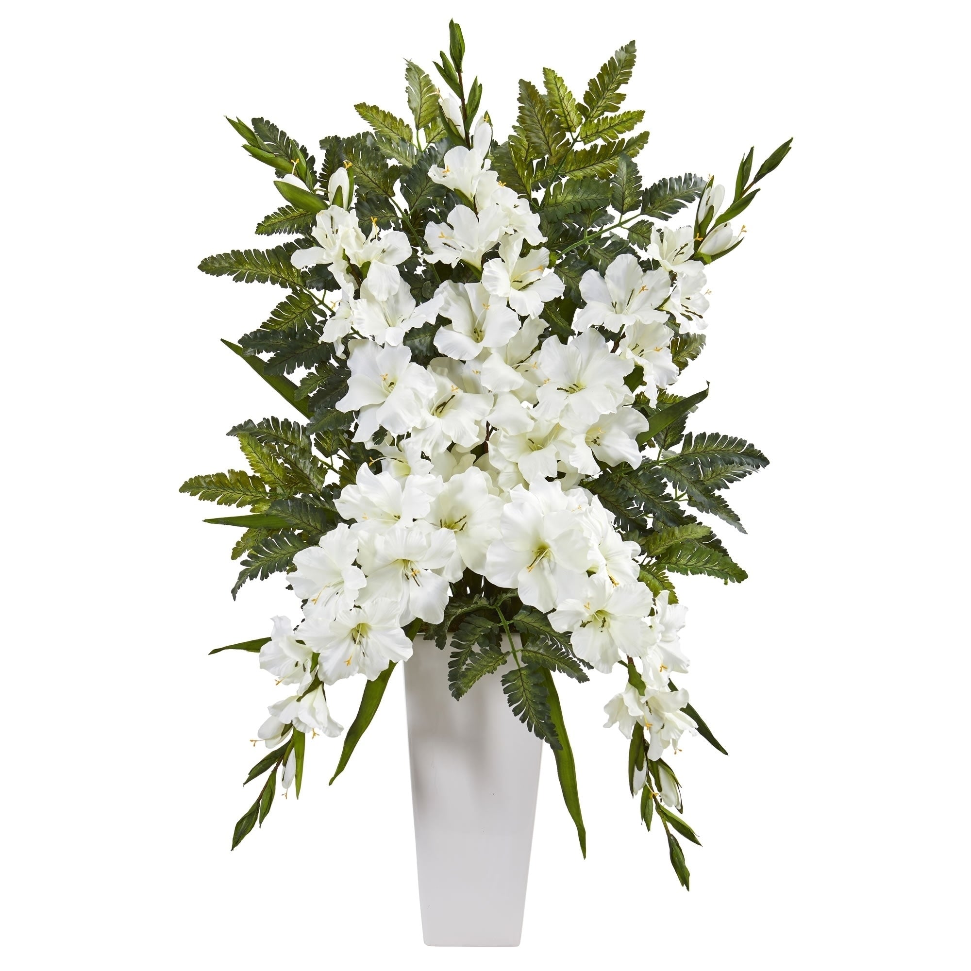 Nearly Natural Gladiolas And Fern Artificial Arrangement In White Vase