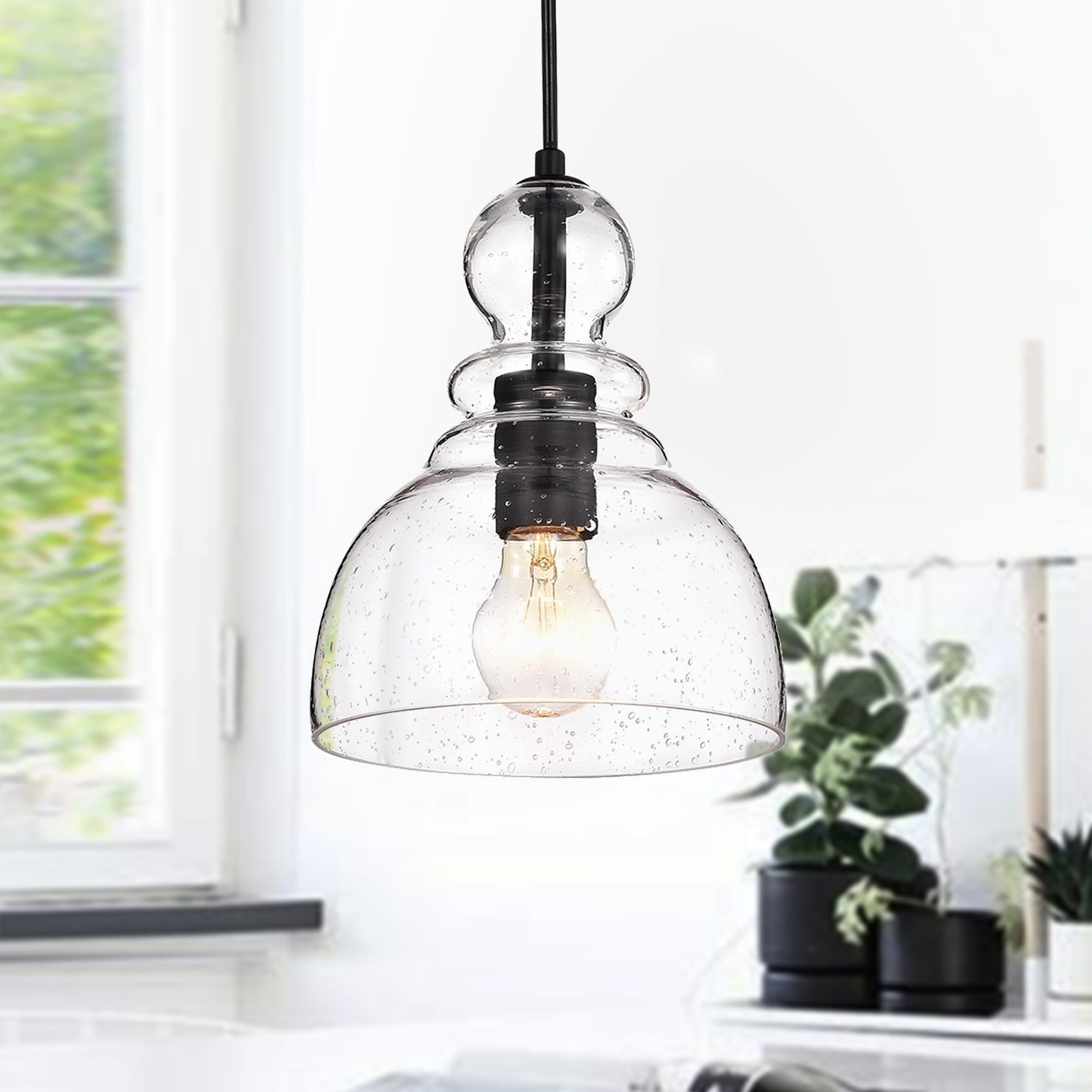 Nefelt Matte Black 1 Light Decanter Seeded Glass Pendant