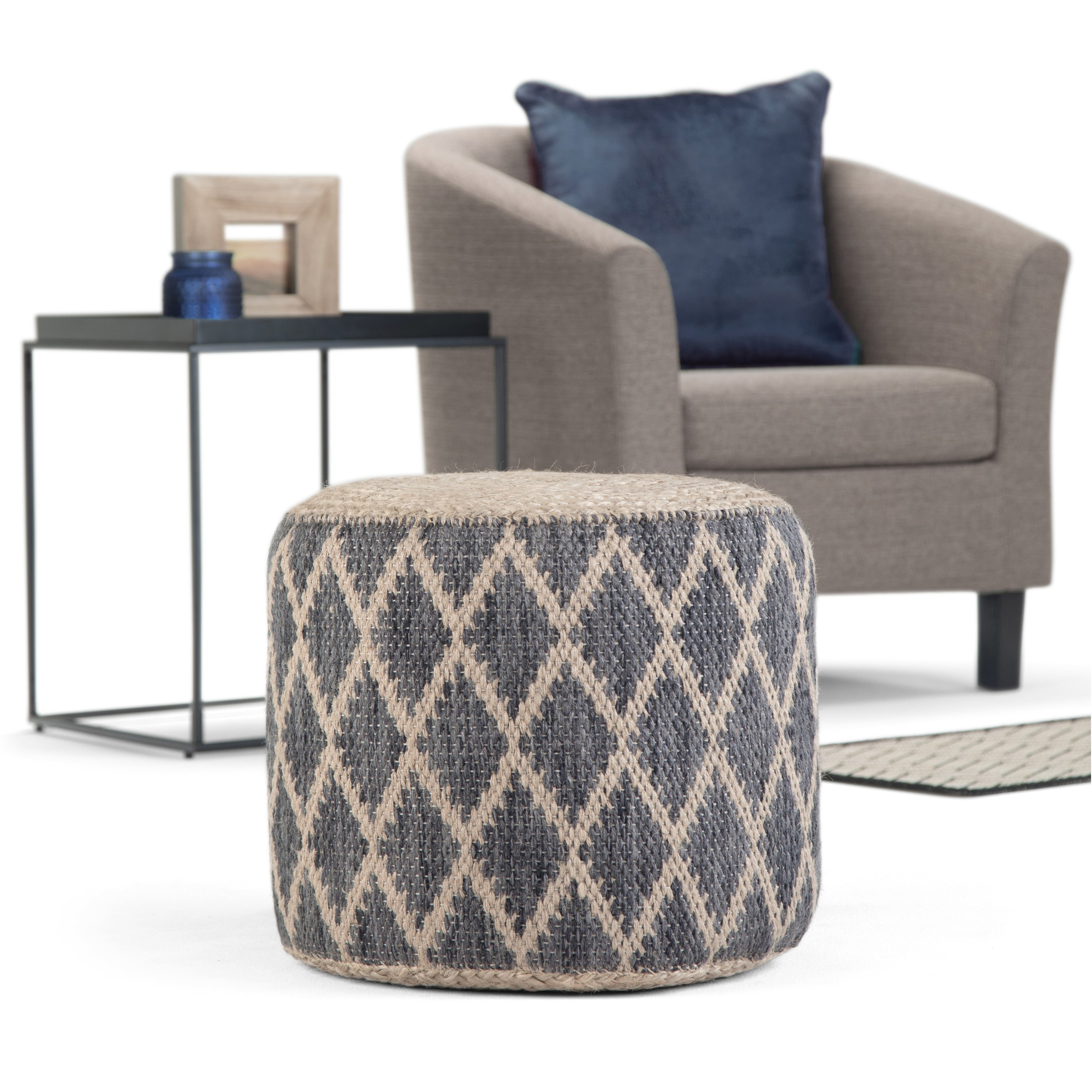 The Curated Nomad Holladay Round Pouf In Grey Natural Woven Braided Jute