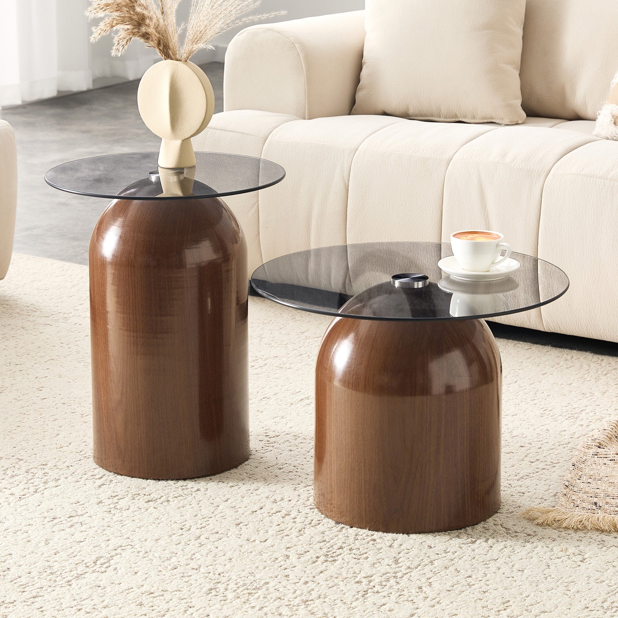 Nesting Coffee Table Set Of 2 Glass Desktop For Living Room Space Saving Circle Center Table For Saving Space