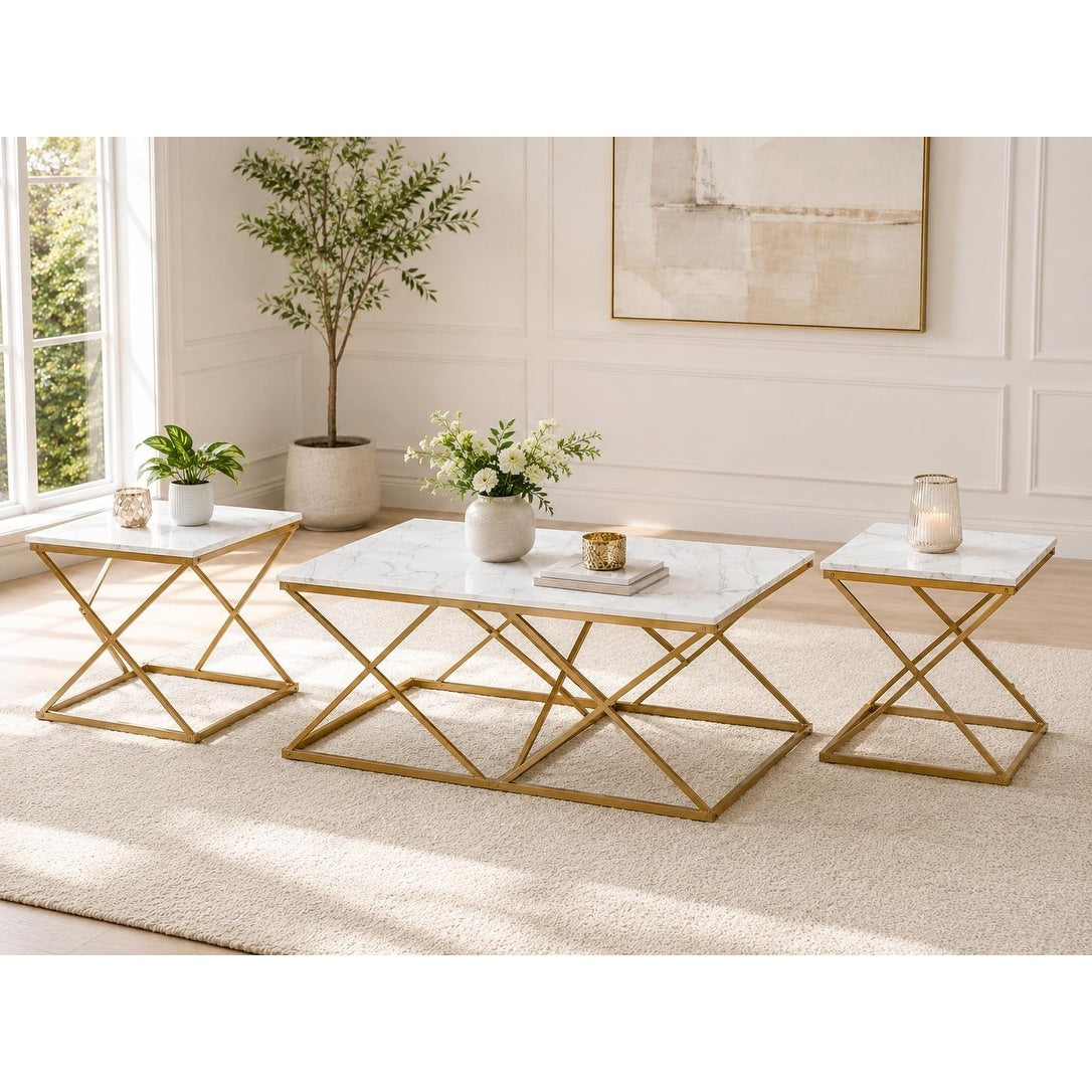 Nesting Coffee Table Set Of 3 Faux Marble Top With Golden Frame Set Of 3