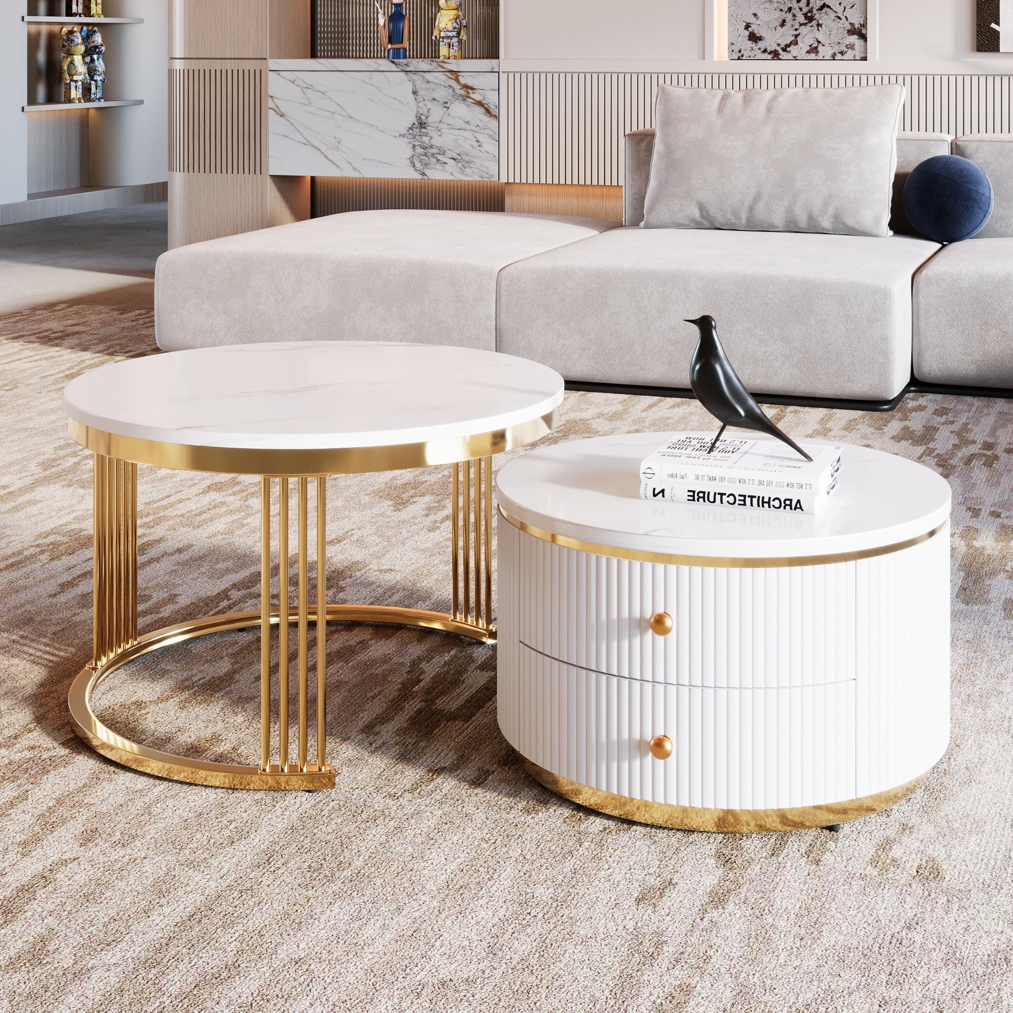 Nesting Table Coffee Table Gold White Center Table With 2 Drawers Minimalist Accent Table End Table Round Side Table