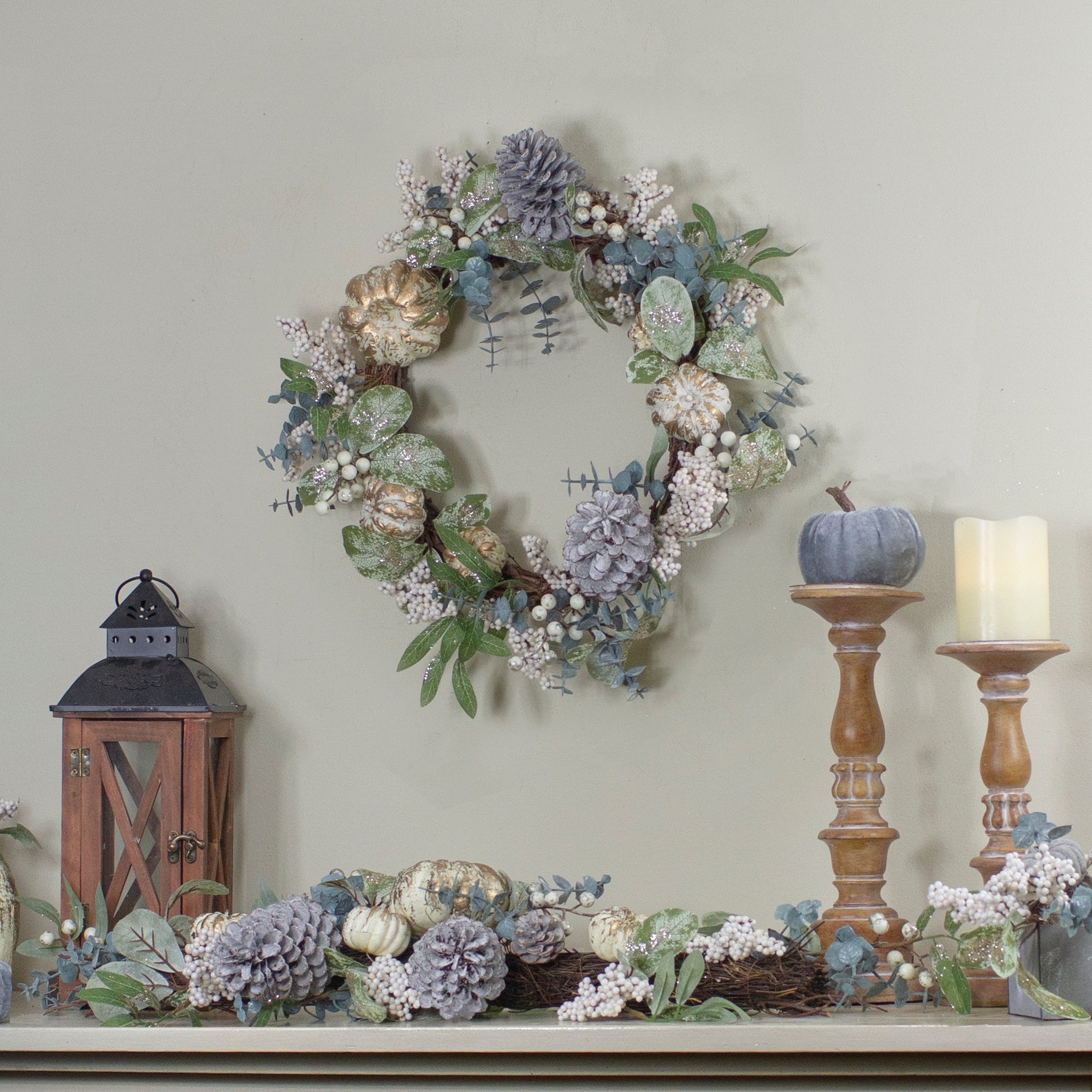 Neutral Colored Pumpkin And Pine Cones Fall Harvest Wreath 18 Inch Unlit
