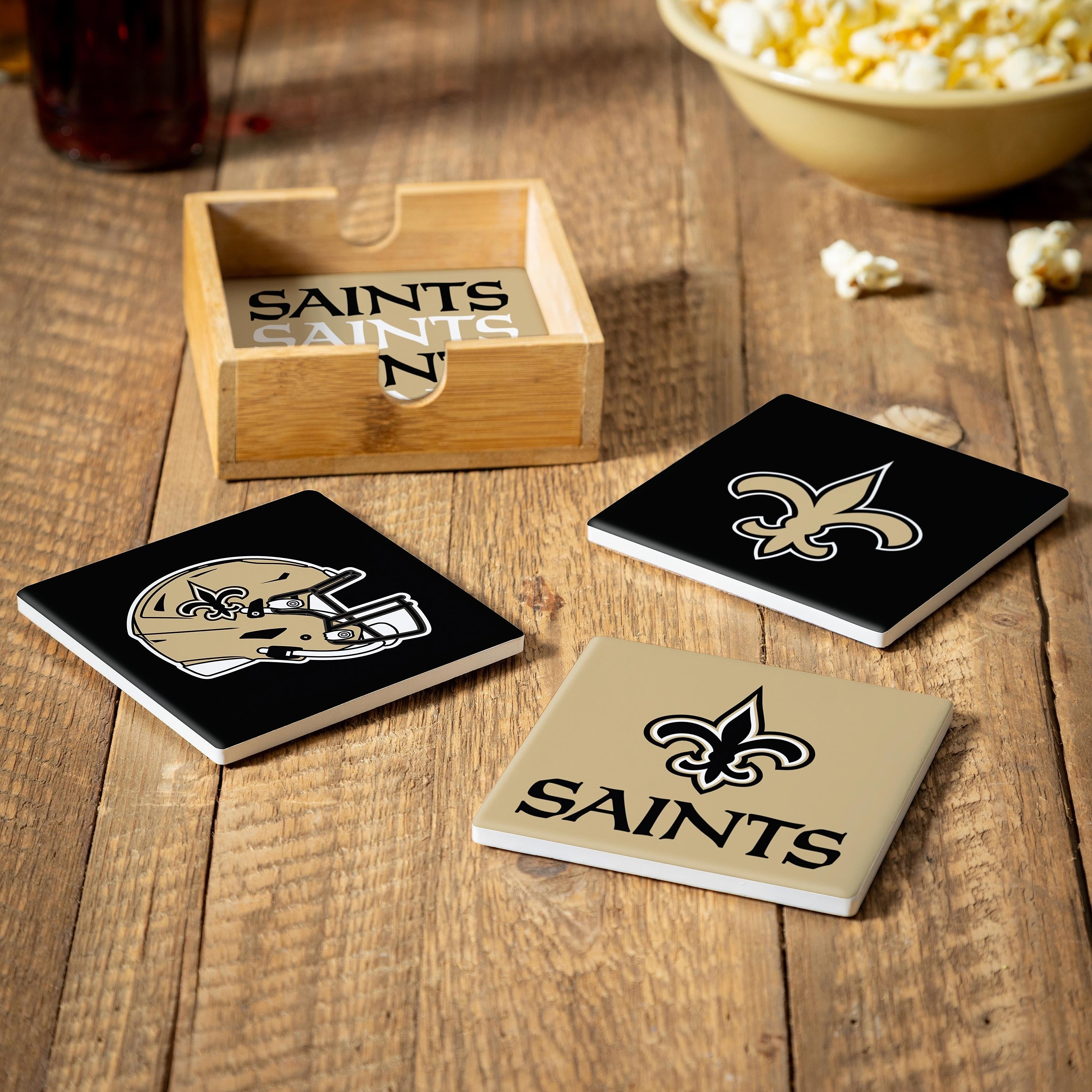 New Orleans Saints 4 Piece Ceramic Coasters Set With Wood Caddy