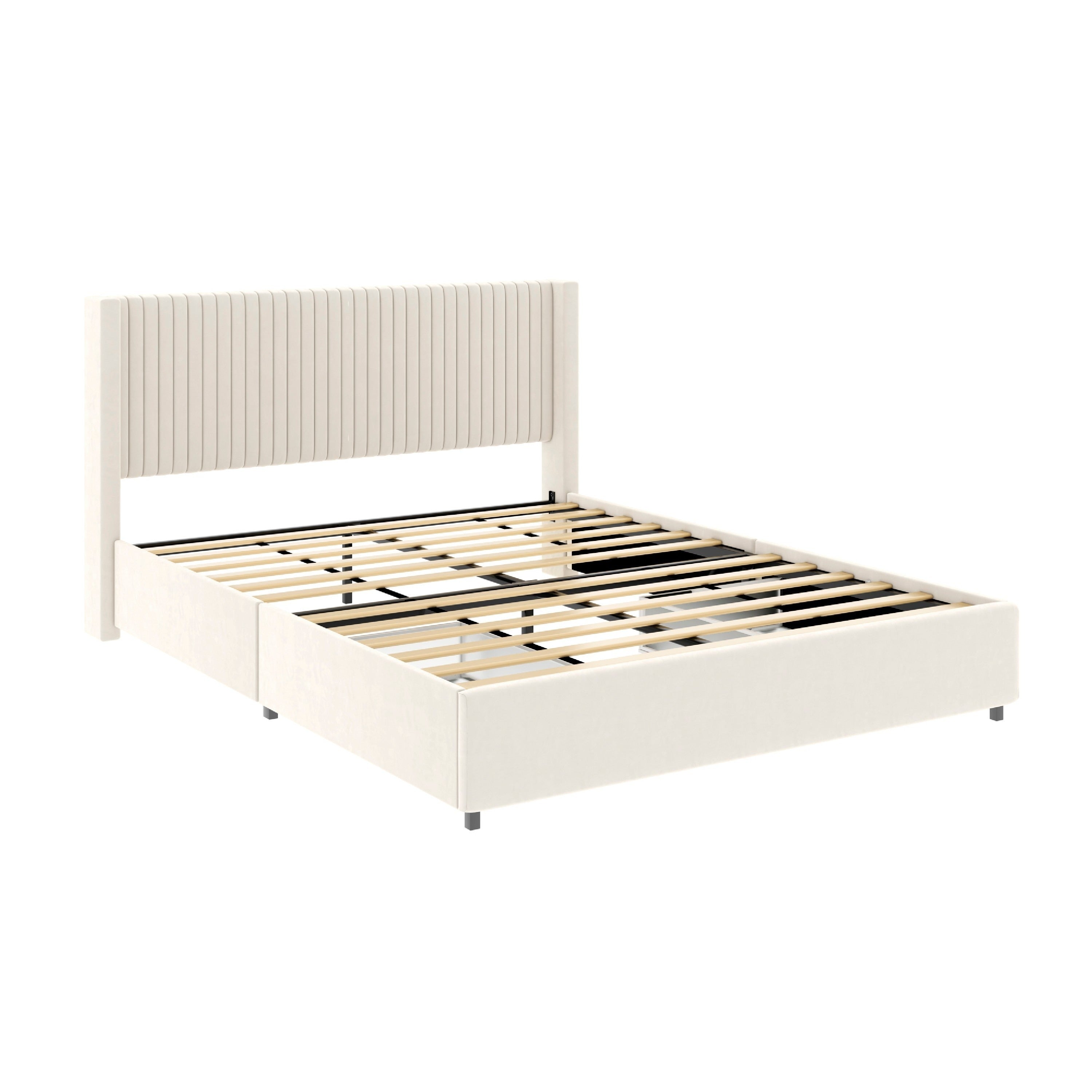 Nia Queen Bed 2 Storage Drawers Wingback Tufted Ivory Velvet Headboard