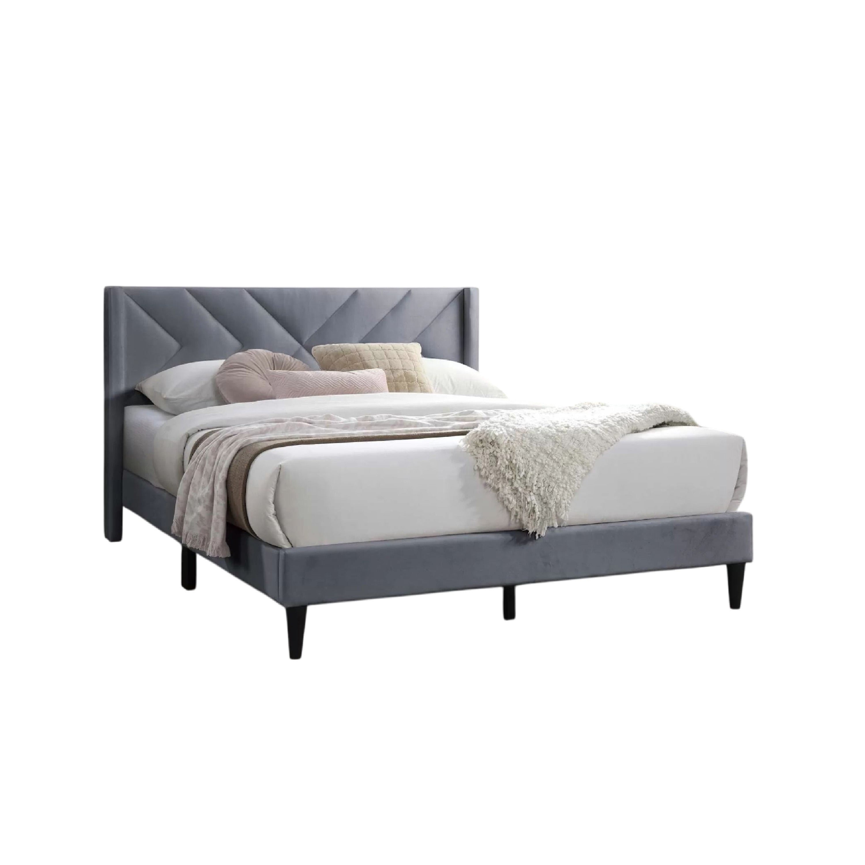 Niasa Full Size Bed Chevron Tufted Gray Velvet Upholstered Foam