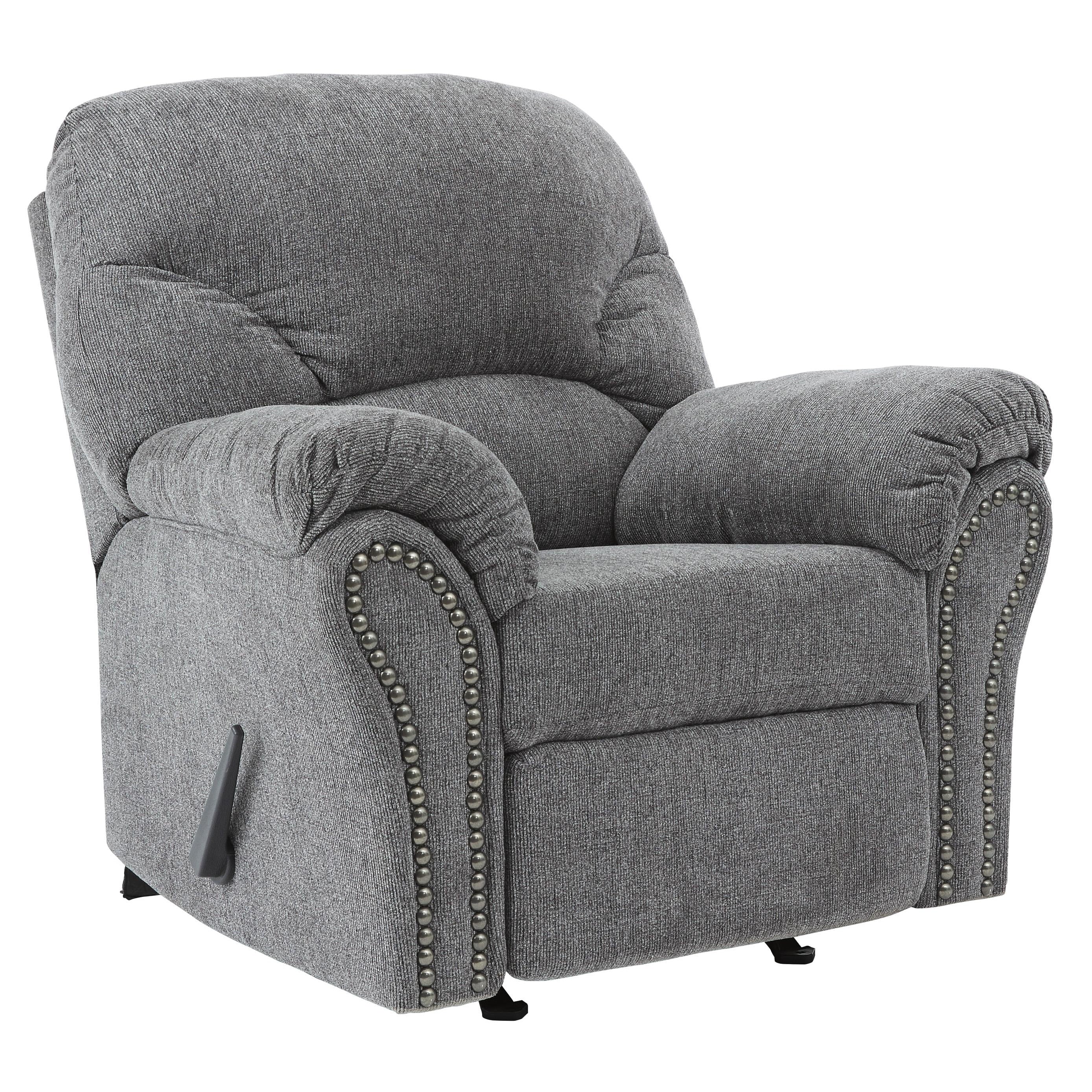 Nickel Nailhead Trim Fabric Upholstered Rocker Recliner Gray