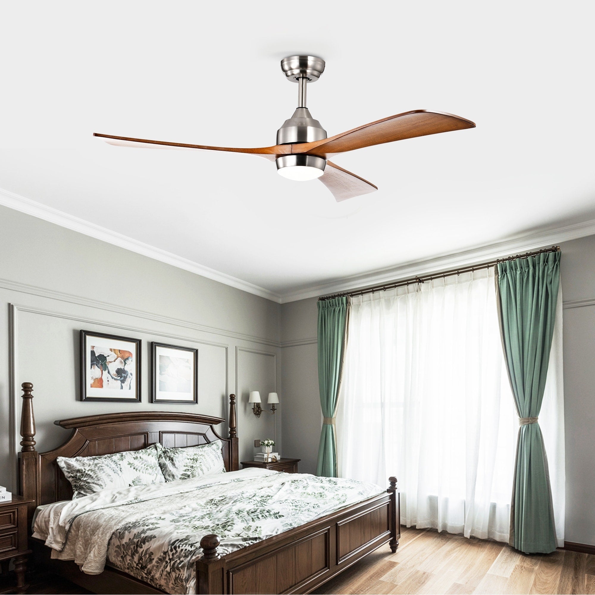 Nickel Wood Ceiling Fan With Dimmable Led Light Remote