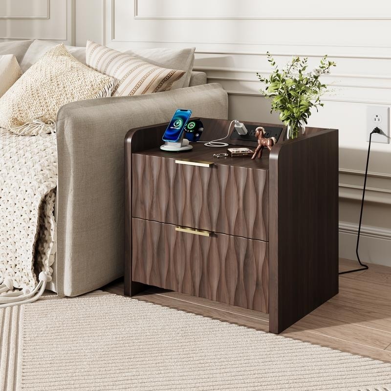 Nightstand Set Of 2 Double Drawer Storage With Charging Station For Bedroom Living Room