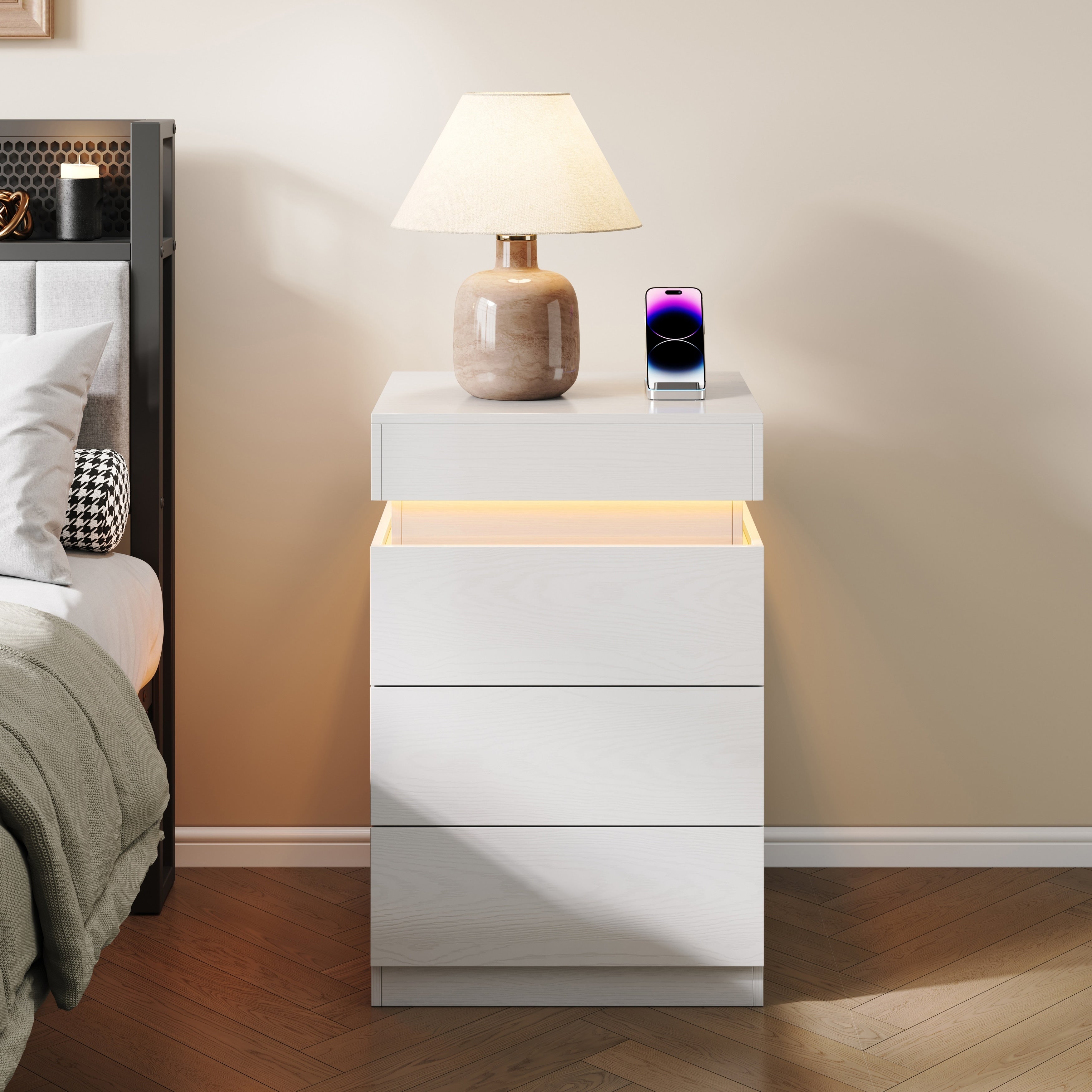 Nightstand With Built In Charging Station And Led Lighting 3 Drawer Sliding Top Modern Bedside Table