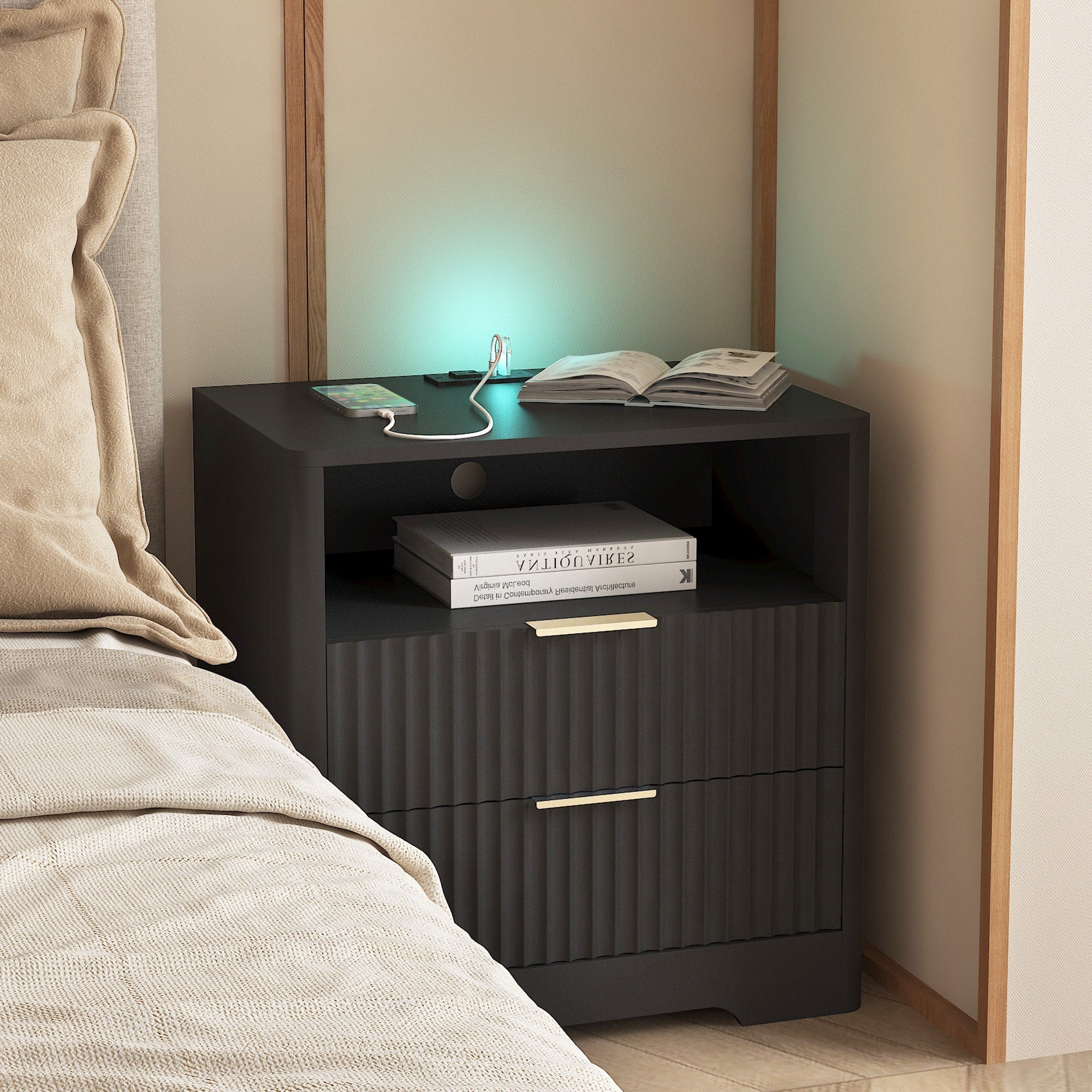 Nightstand With Charging Station Smart Nightstand With Night Light Bedside Tables With Storage Cabinet For Bedroom