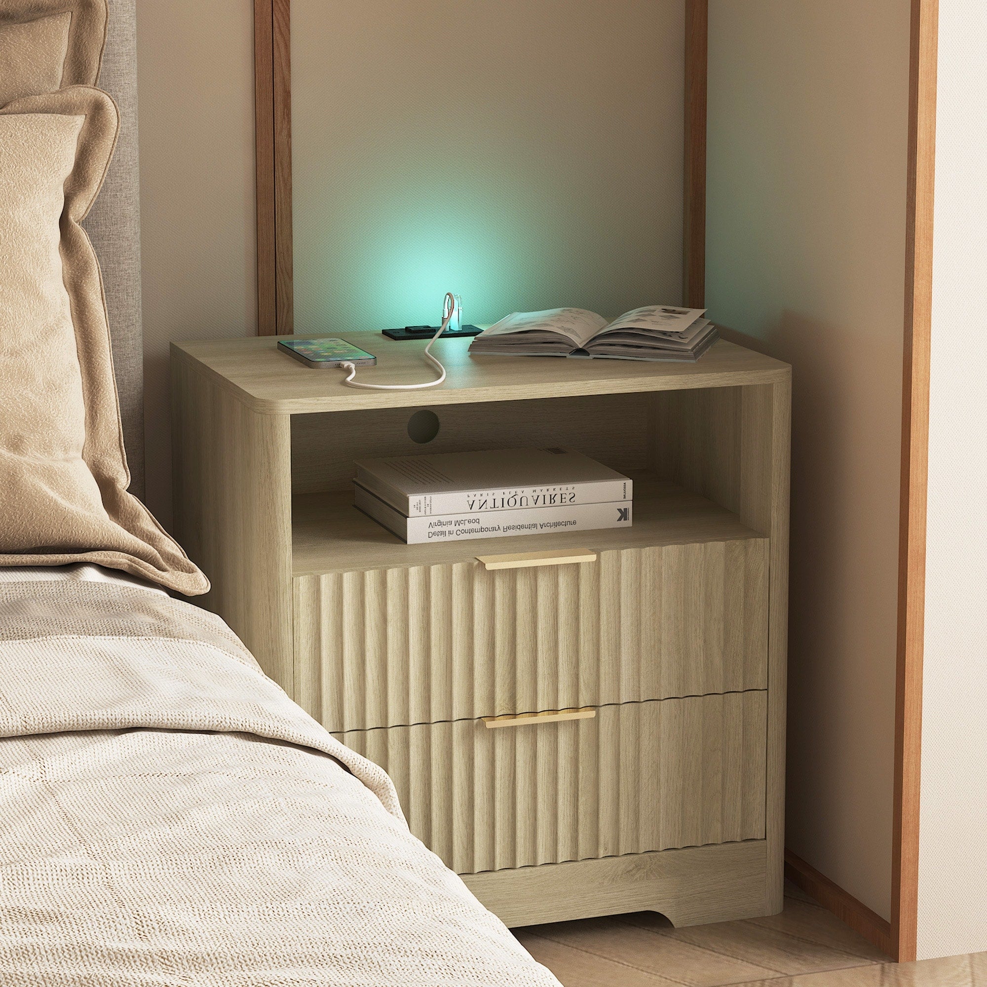 Nightstand With Charging Station Smart Nightstand With Night Light Bedside Tables With Storage Cabinet For Bedroom