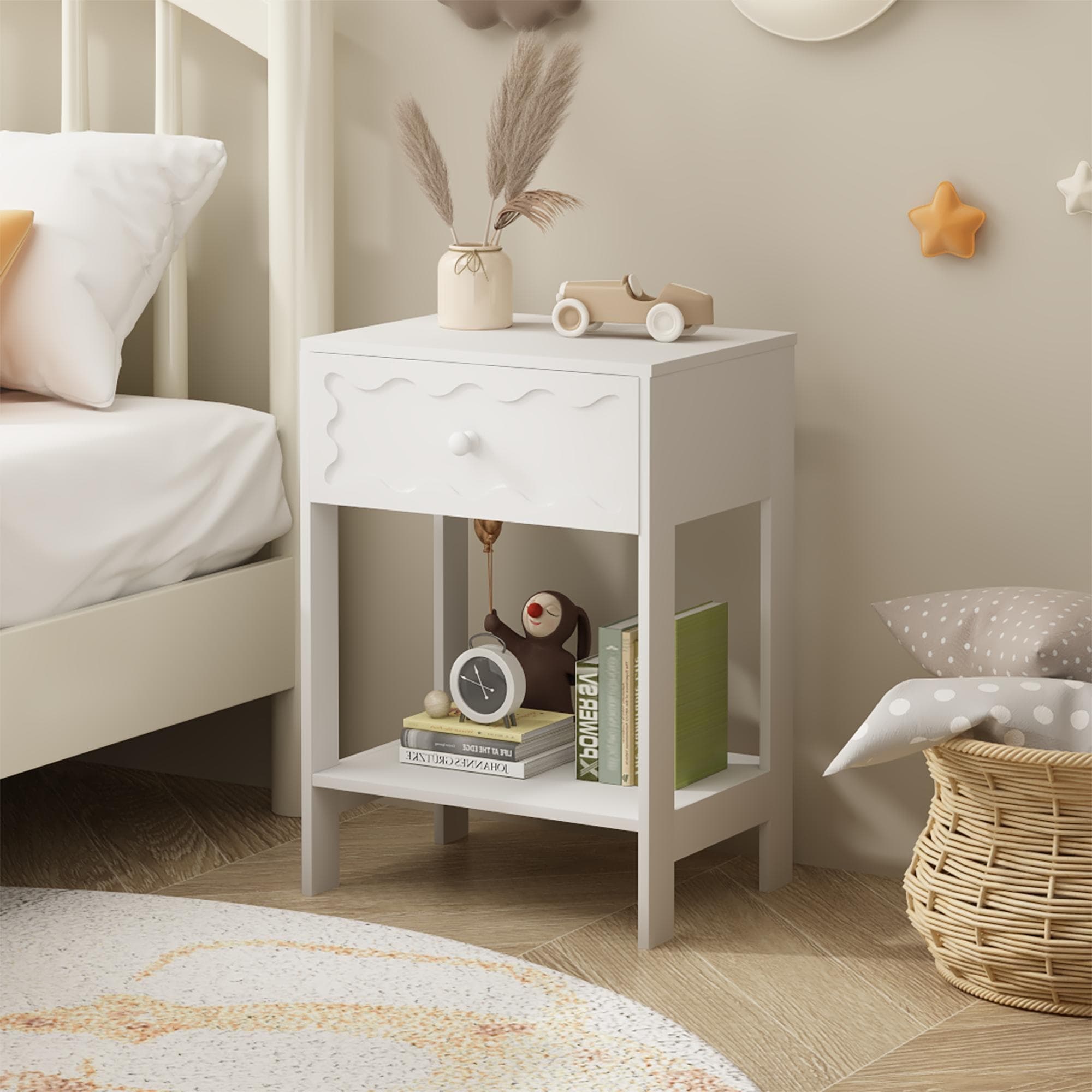 Nightstand With Drawer And Open Shelf Modern Wave Pattern Bedside Table Solid Wood Frame End Table For Bedroom Living Room