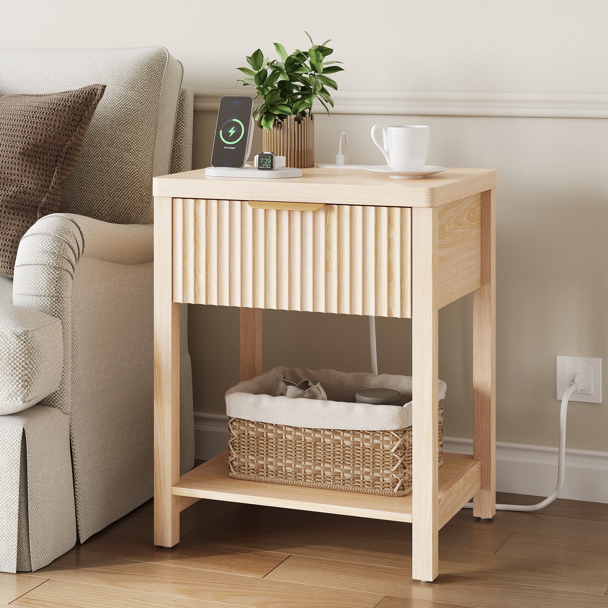 Nightstand With Drawers Fluted Bedside Table With Charging Station