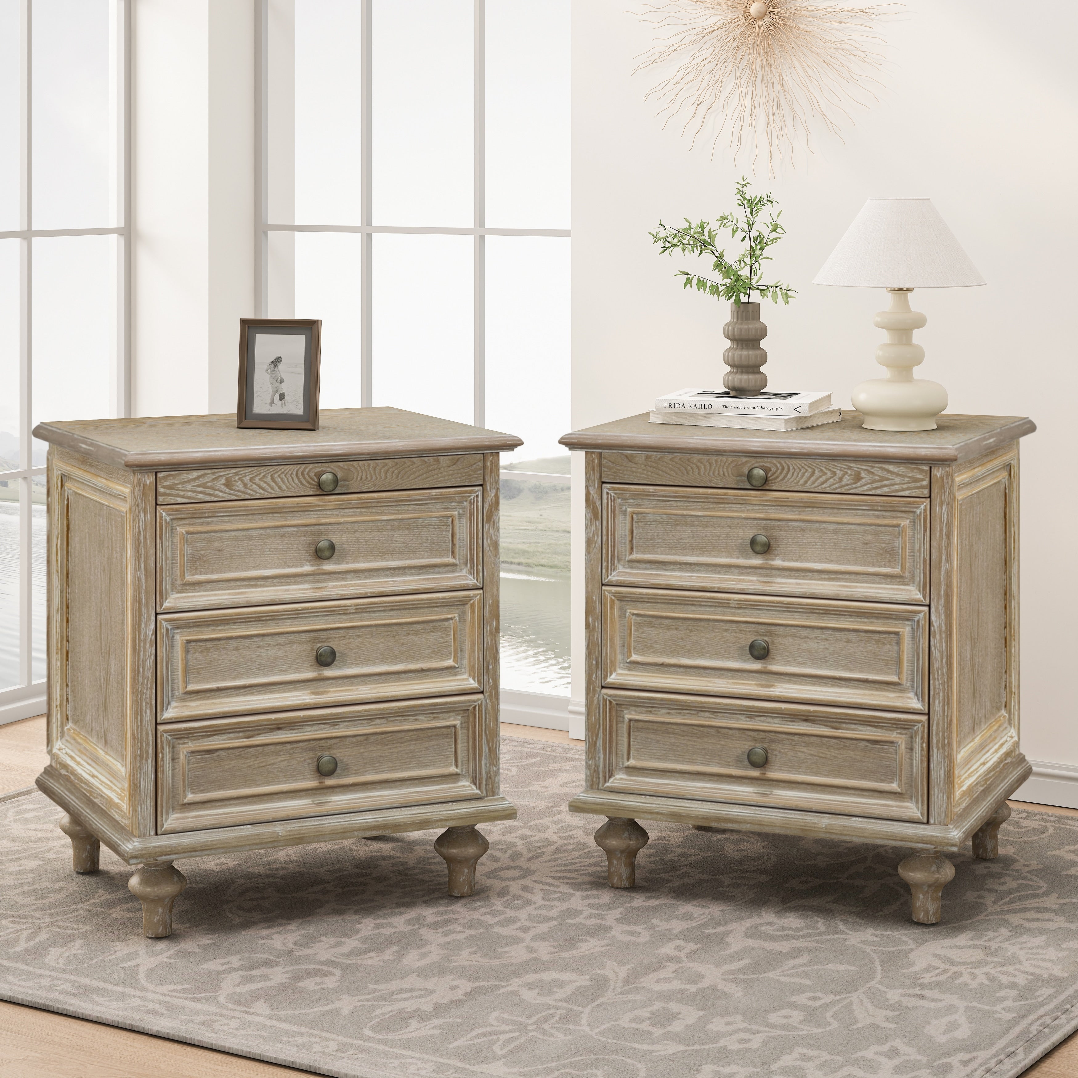 Nightstands Set Of 2 With 4 Drawer Wood Storage End Table With Hidden Pull Out Shelf 4 Solid Wood Feet And Metal Handle