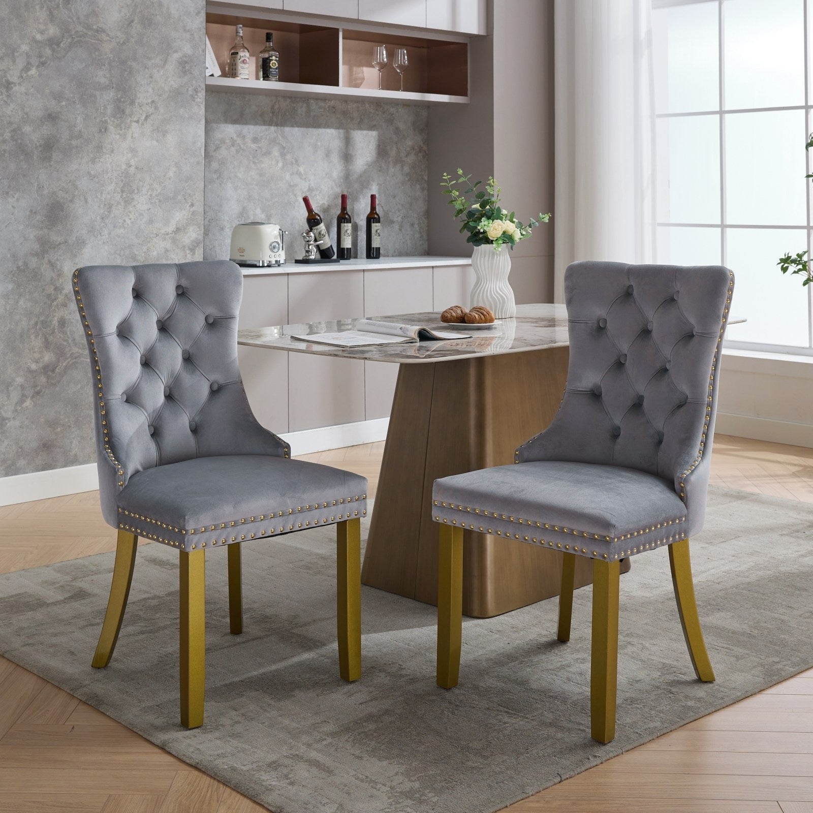 Nikki Collection Modern Contemporary Velvet Upholstered Dining Chair With Golden Wood Legs Nailhead Trim 2 Pcs Set