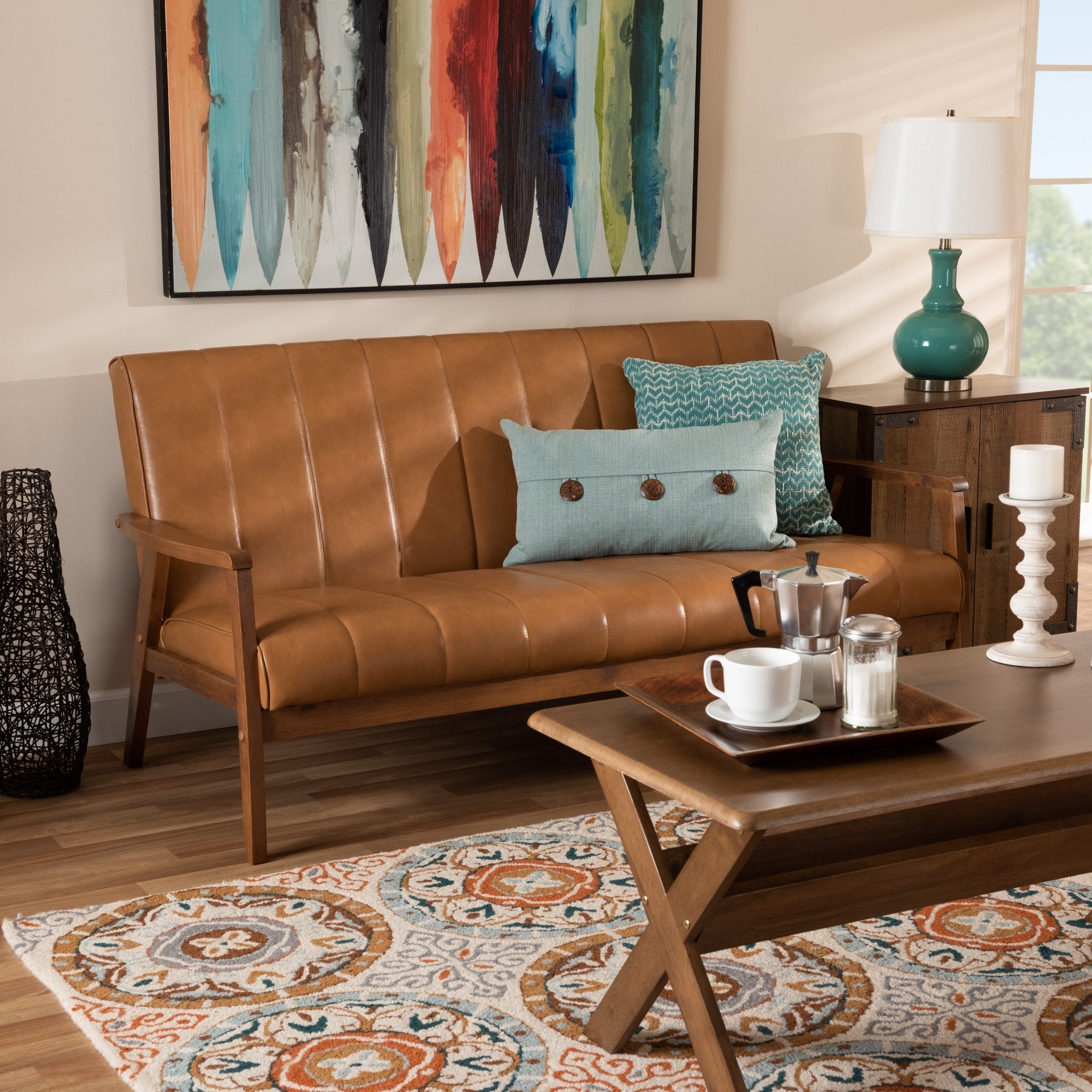 Nikko Tan Faux Leather And Walnut Finished Wood Sofa