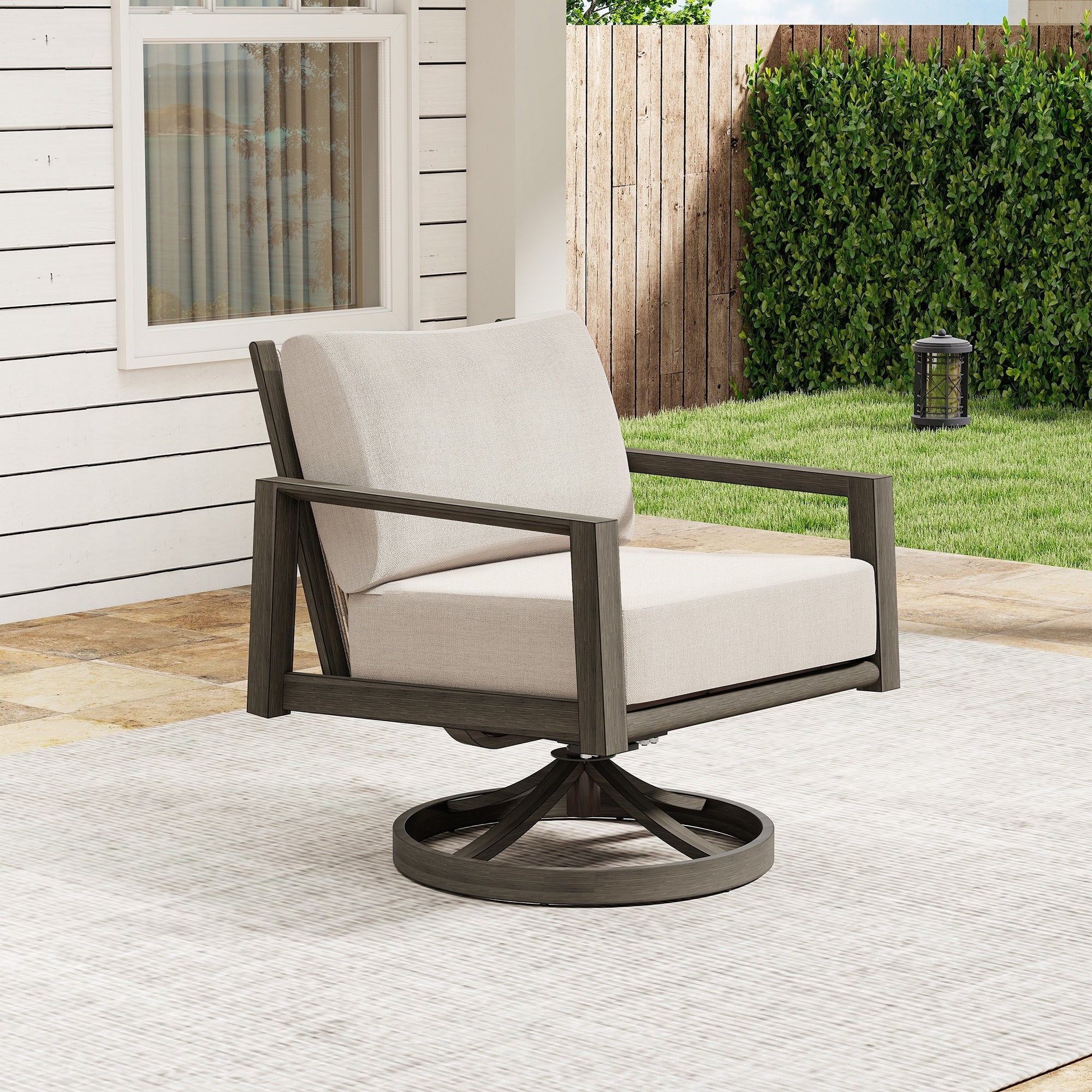 Nimbus 1 Piece Brown Aluminum Patio Swivel Sofa Chair With Sunbrella Light Gray Cushions
