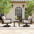 Nimbus 3 Piece Brown Aluminum Patio Conversation Set With Swivel Chairs Sunbrella Light Gray Cushions And Side Table