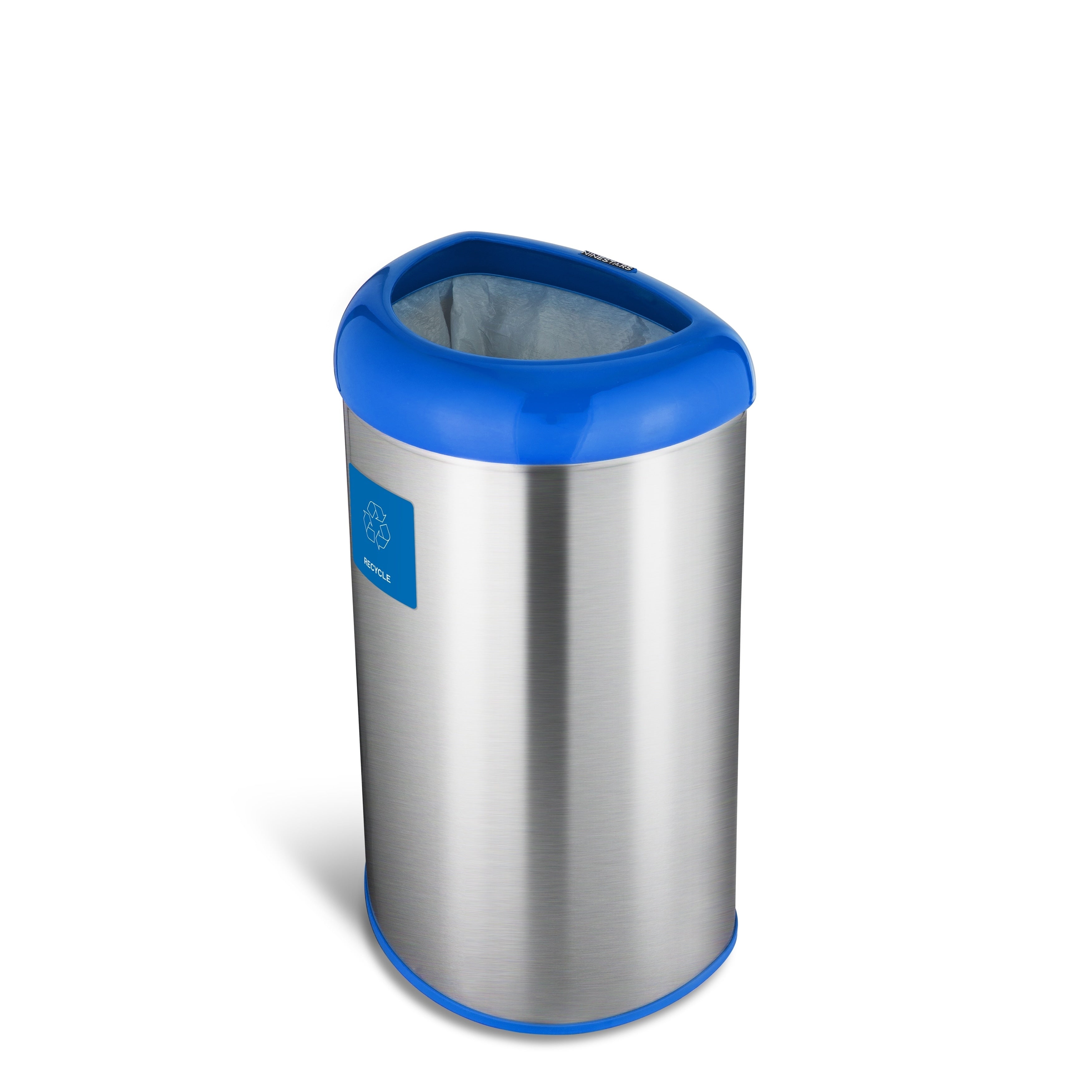 Nine Stars Open Top Stainless Steel Trash Can With Blue Trim And Recycle Magnet