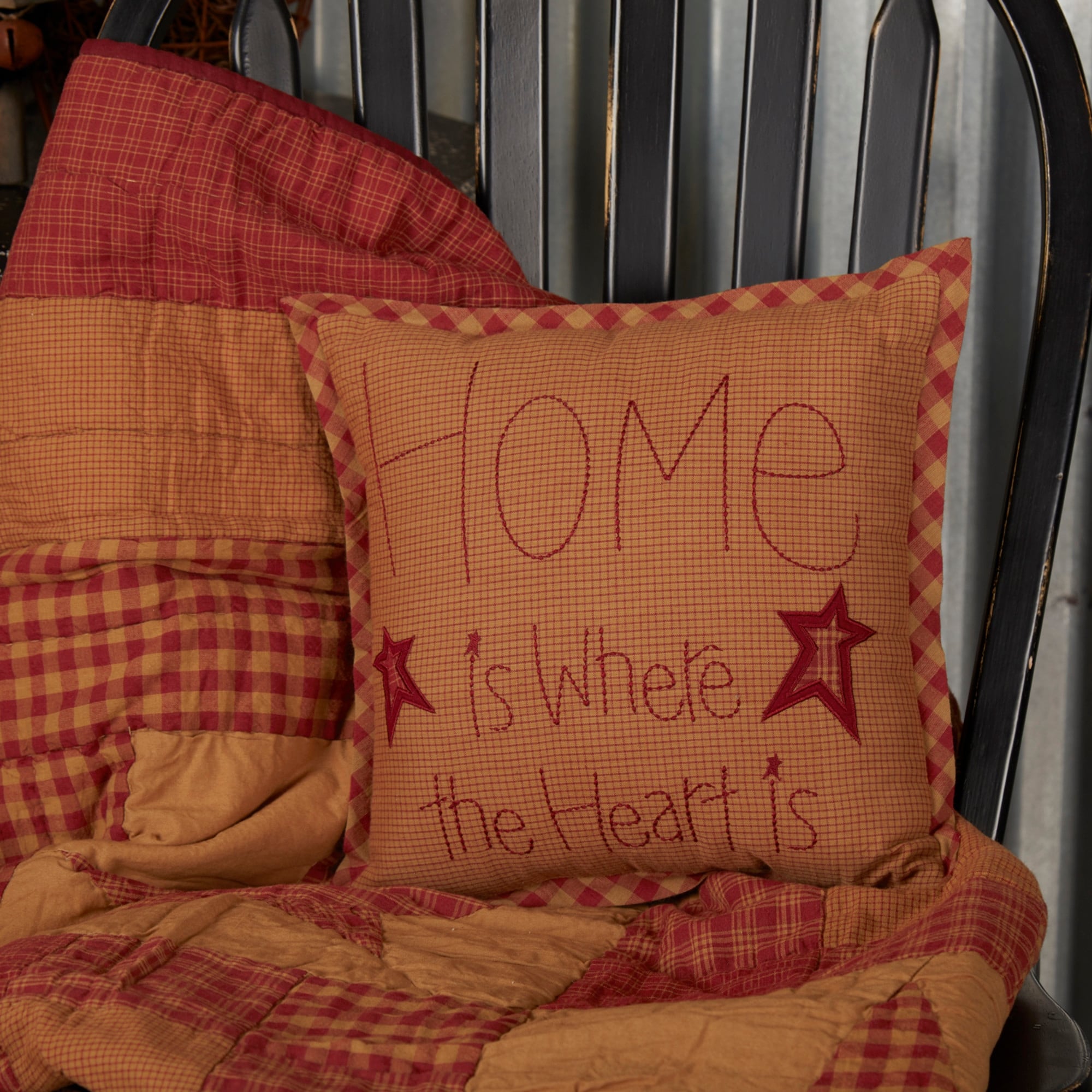Red Primitive Bedding Vhc Ninepatch Star Home 12X12 Pillow Cotton Text Embroidered