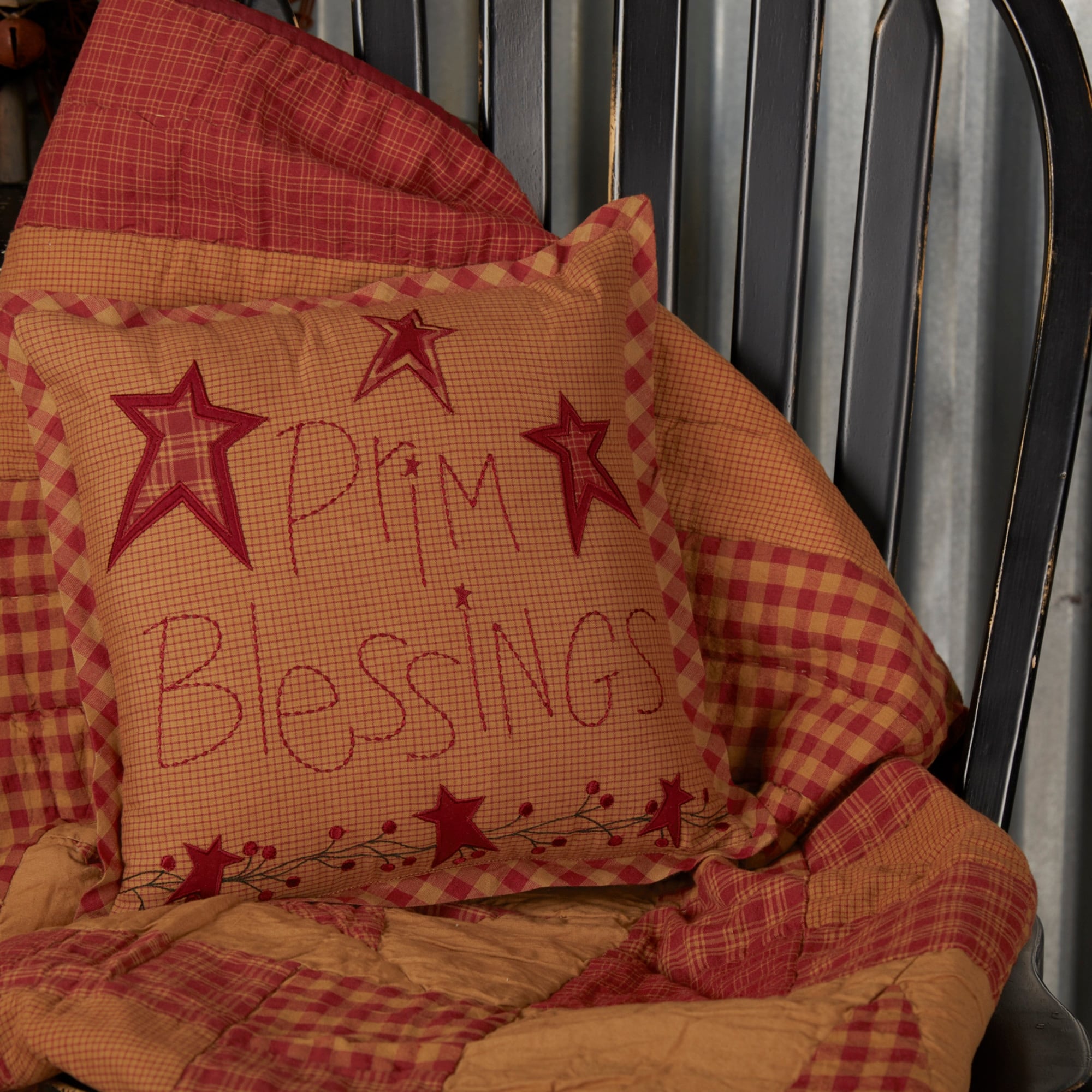 Red Primitive Bedding Vhc Ninepatch Star Prim Blessings 12X12 Pillow Cotton Text Embroidered