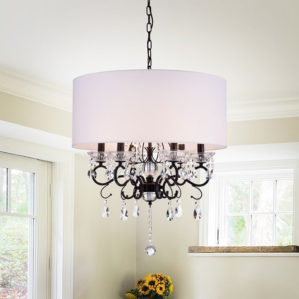 Warehouse Of Tiffany Ninian Oiled Rubbed Bronze Crystal Metal 6 Light Chandelier With Fabric Drum Shade