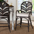 Niven Natural Rattan Counter Stool With Cushion Handwoven Wicker Accent Stool With Banana Leaf Backrest Design For Kitchen