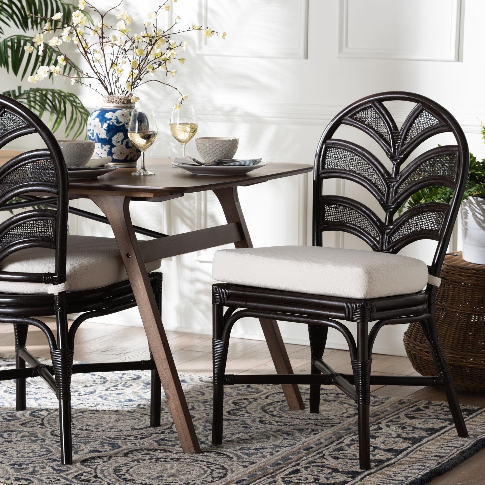 Niven Natural Rattan Dining Chair With Cushion Handwoven Wicker Accent Chair With Banana Leaf Backrest Design For Kitchen