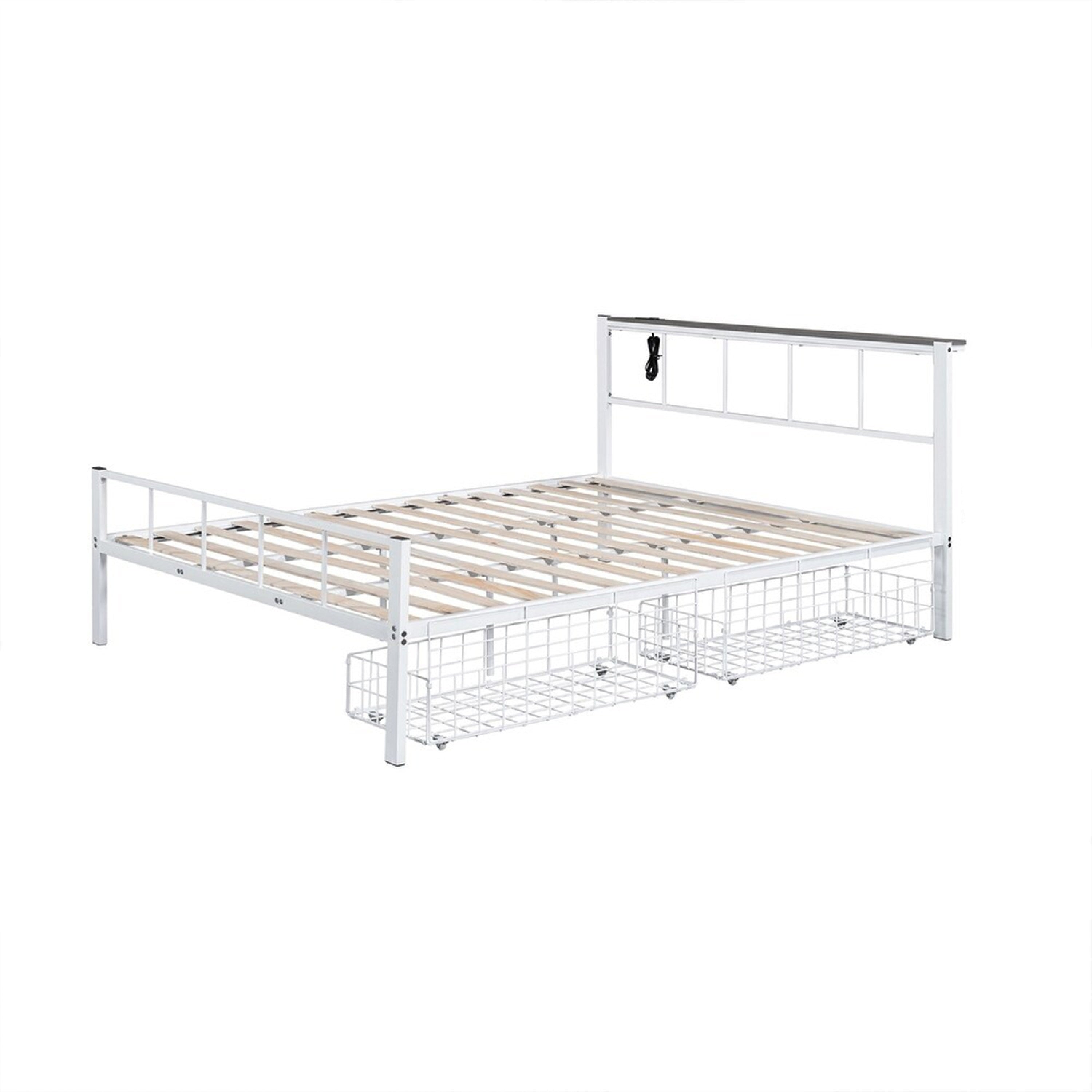 Nix Queen Size Bed W Underbed Storage Slatted White Metal Headboard