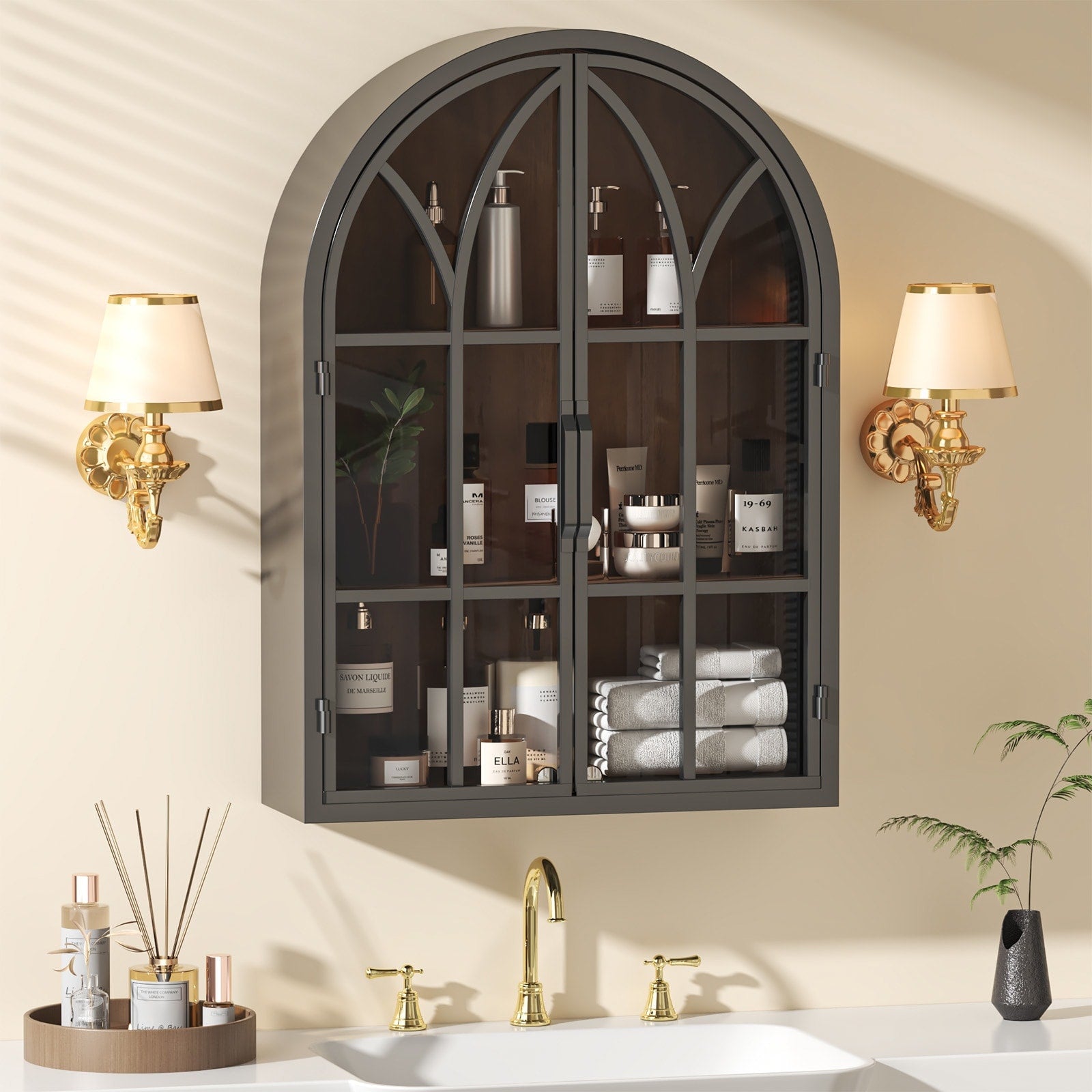 No Installation Required Arched Wall Cabinet With Handcrafted Iron Technique And Back Mounted Wall Mounting Method