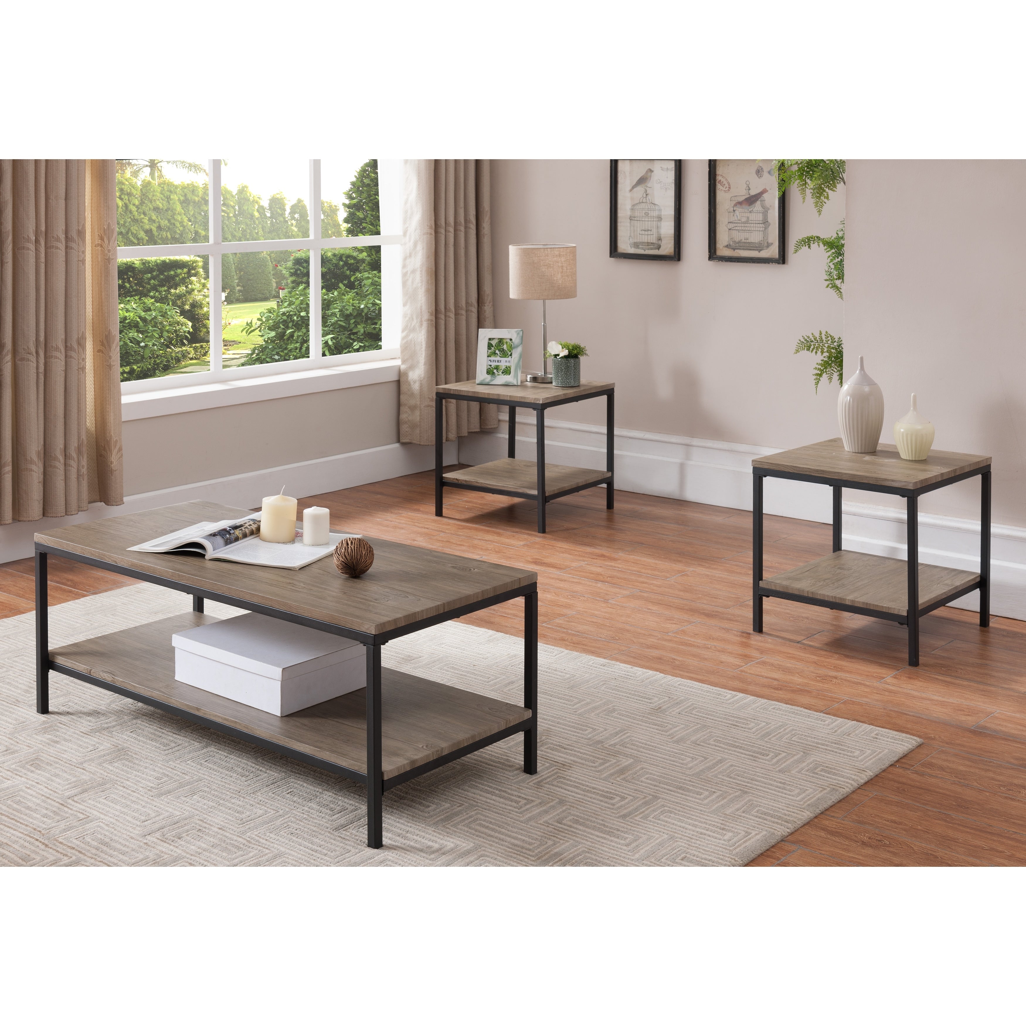 Coffe End Table Set Metal And Wood