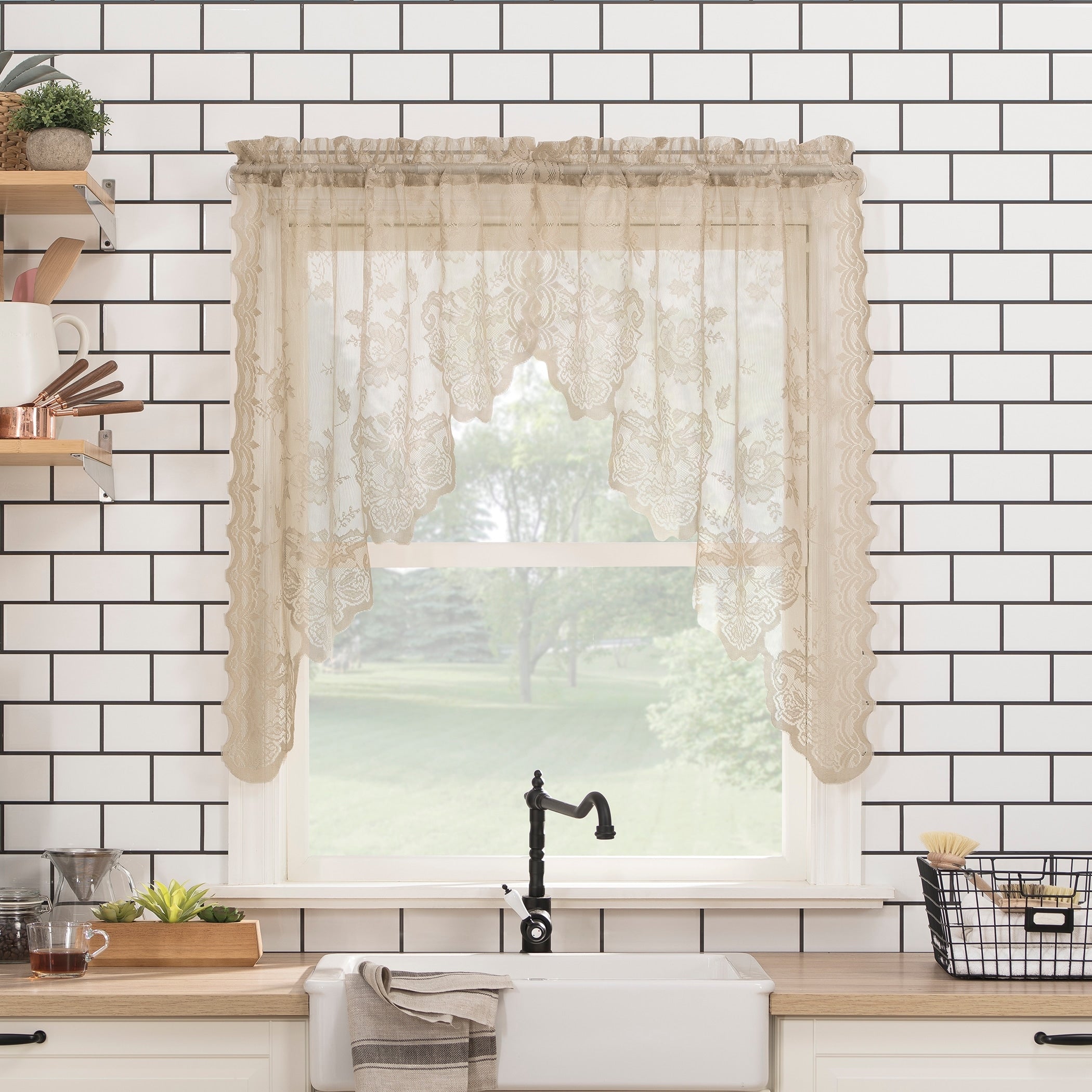 No. 918 Alison Sheer Lace Elongated Kitchen Curtain Tier Pair