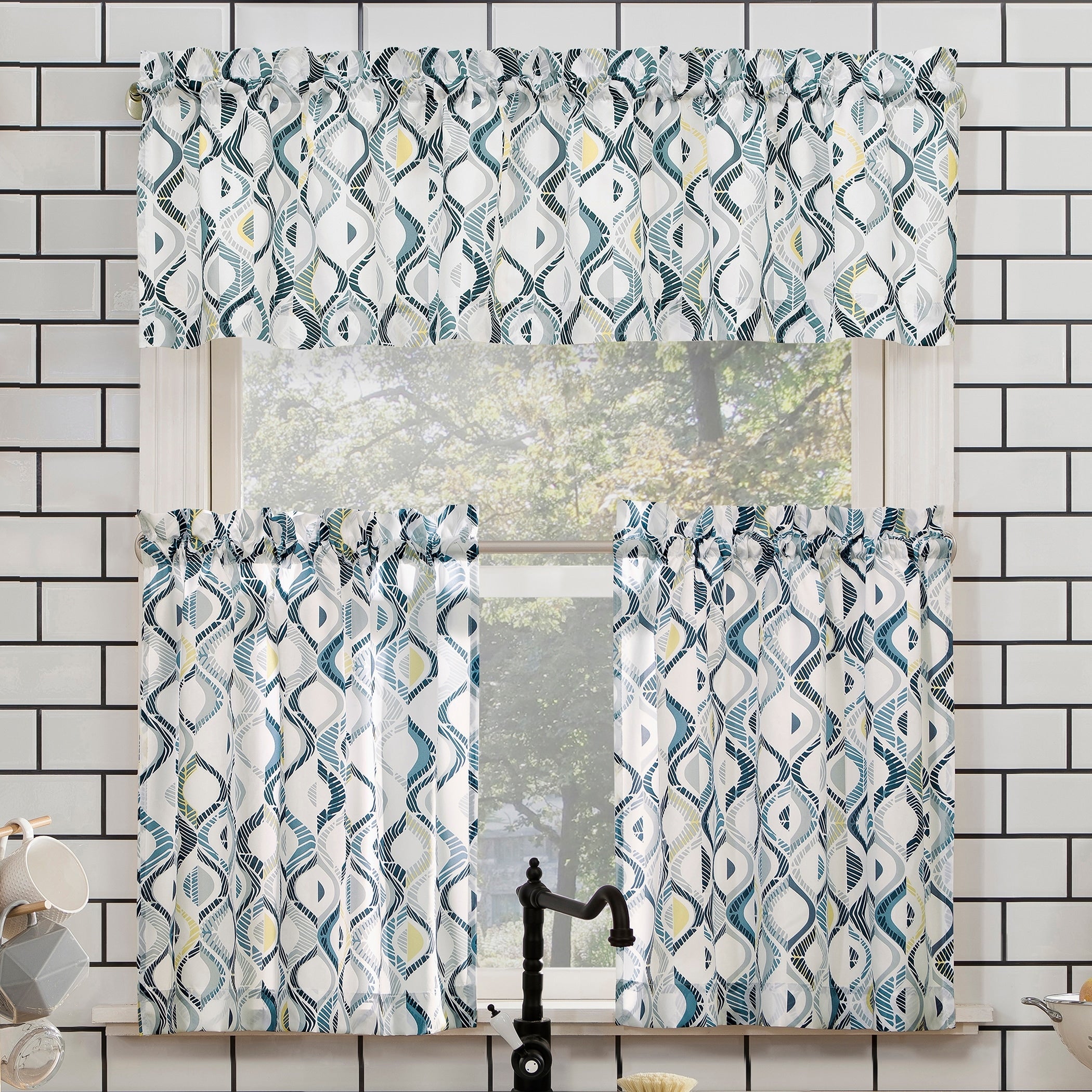 No. 918 Barker Geometric Print Microfiber 3 Piece Kitchen Curtain Valance And Tiers Set