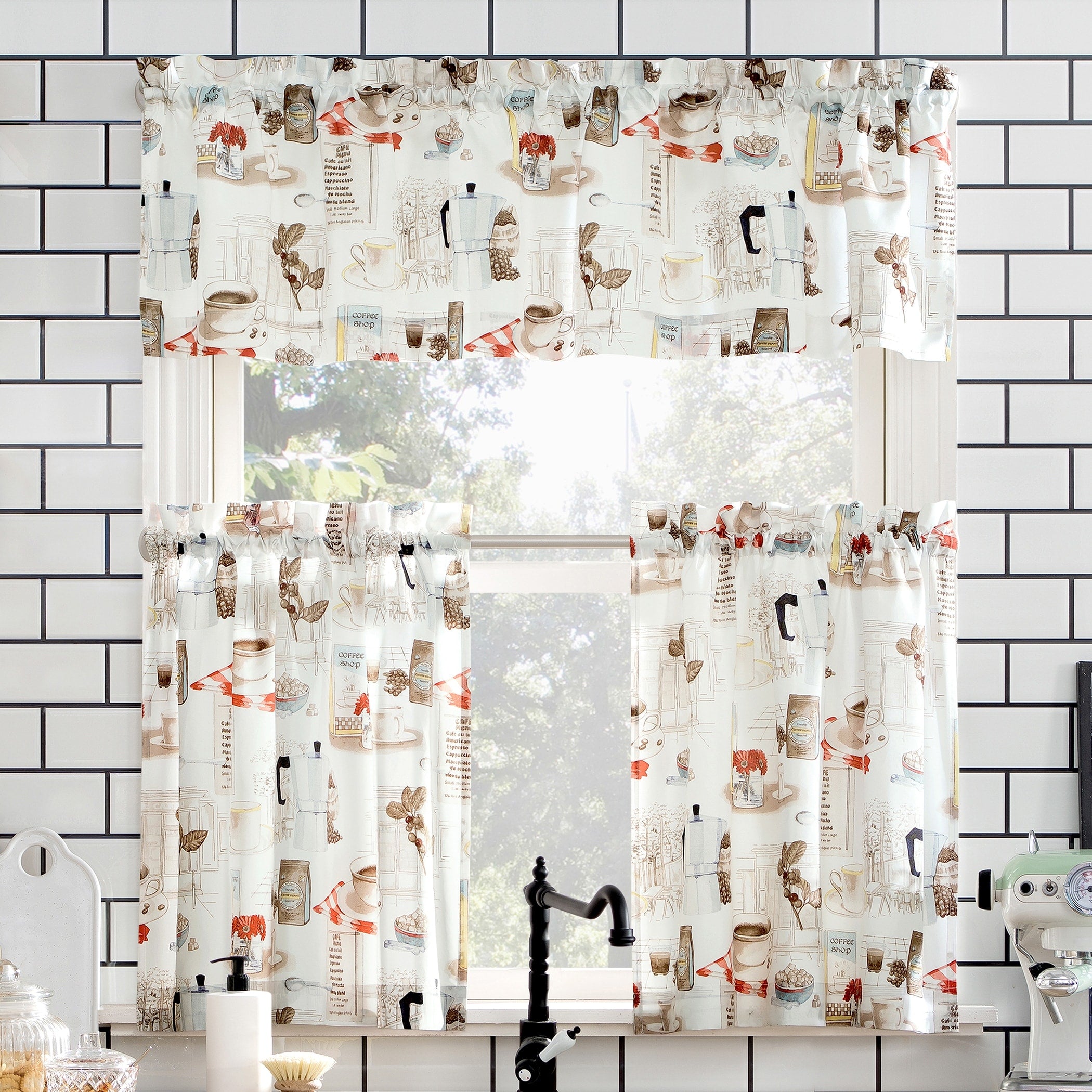 No. 918 Brew Coffee Shop Microfiber 3 Piece Kitchen Curtain Valance And Tiers Set