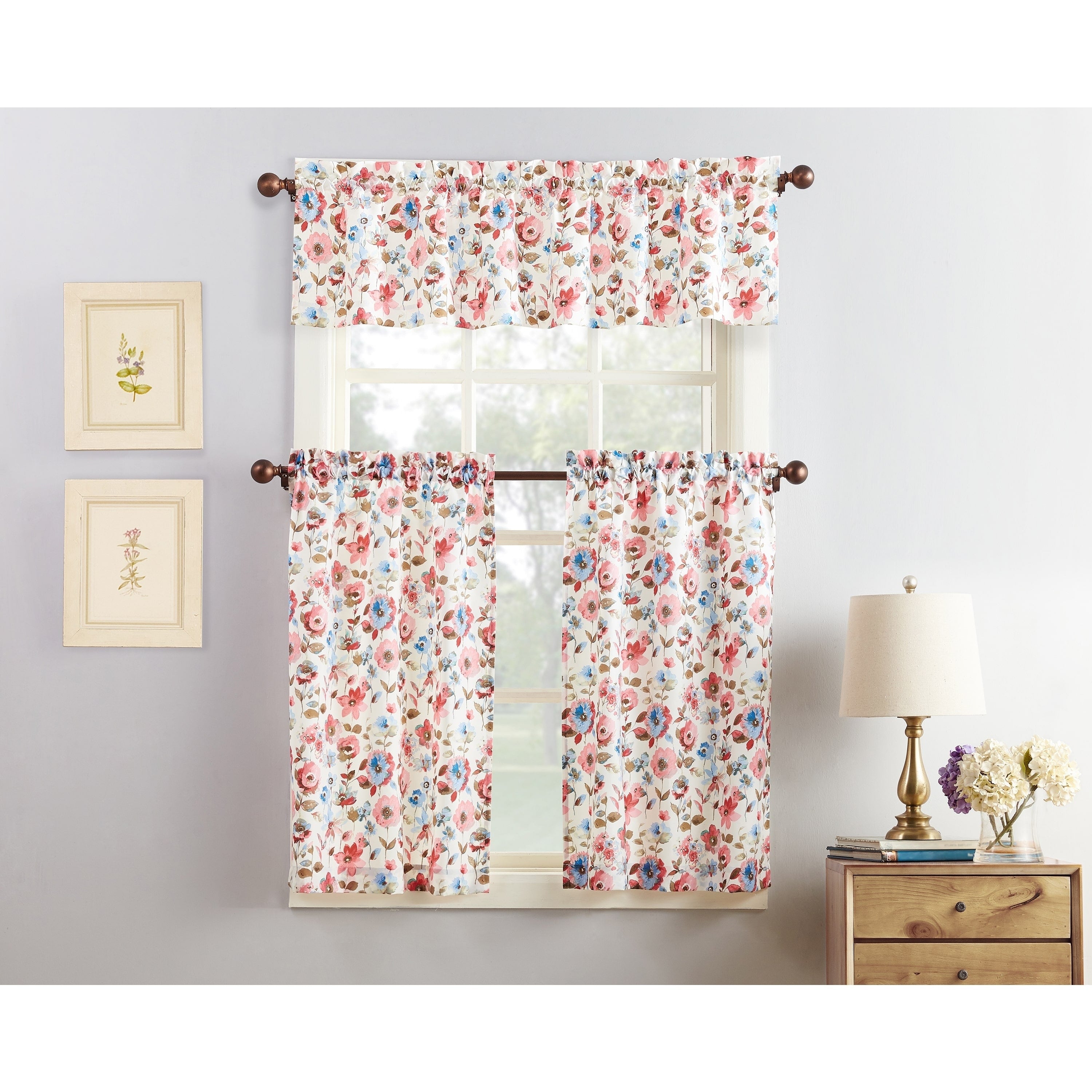 No. 918 Deana Floral Print Microfiber 3 Piece Kitchen Curtain Valance And Tiers Set